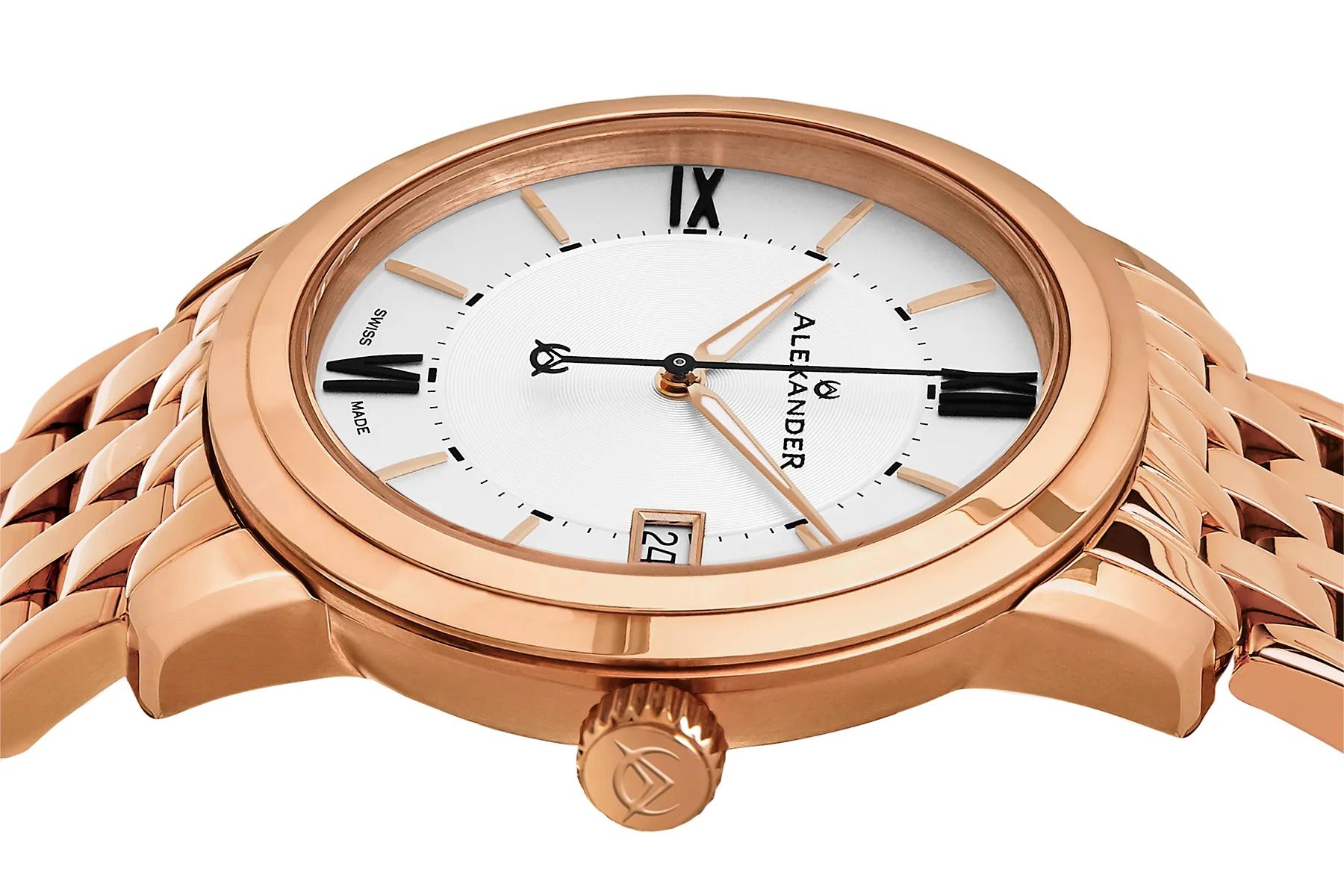 Macedon A111B Stainless Steel Rose Gold Tone Case on Stainless Steel Rose Gold Tone Bracelet, Silver Dial | Silver Dial - Image 2
