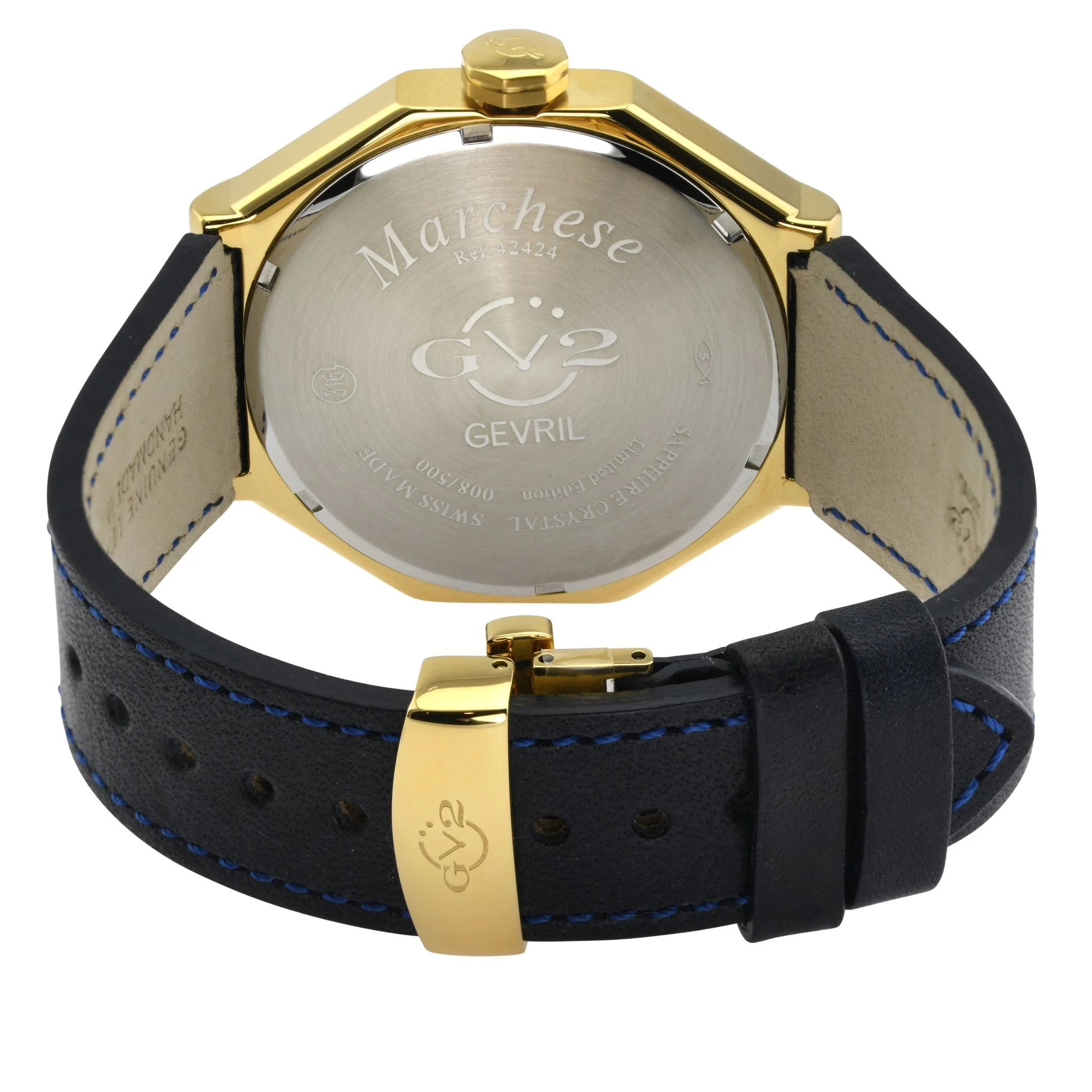 Marchese Swiss Made multifunction IP Gold/Blue,Black with Blue stitching band | Blue Dial - Image 2