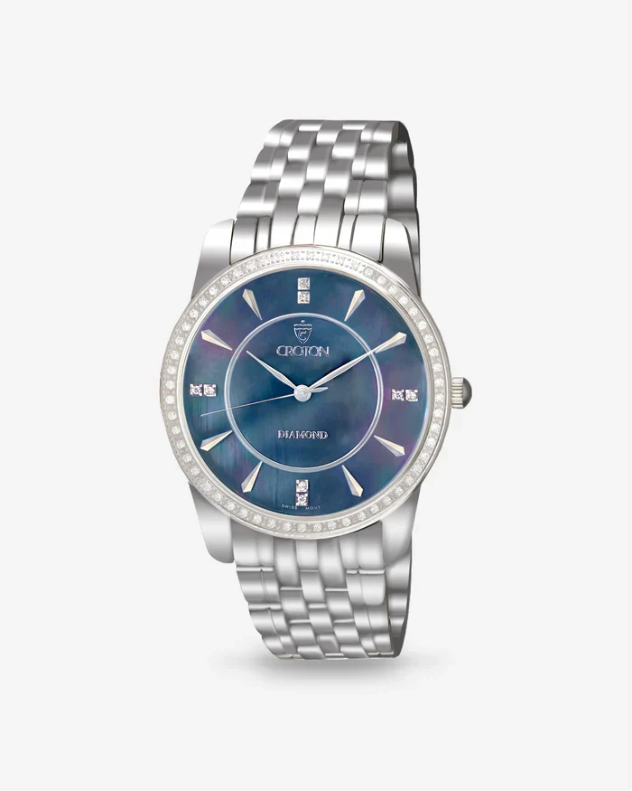 Men’s Swiss Movement all Stainless Steel with Black Mother of Pearl Dial and Diamond markers | Dial