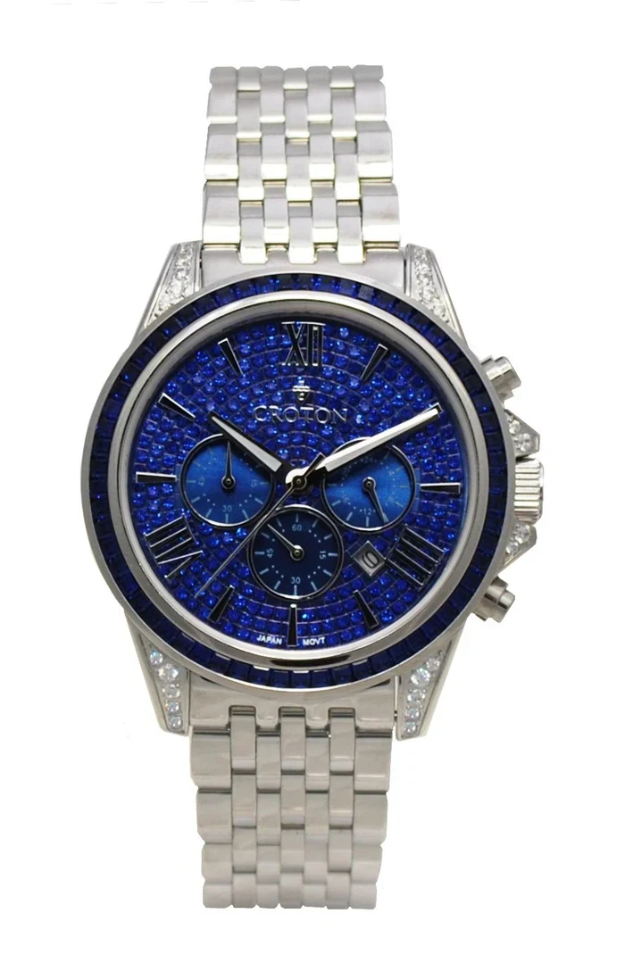 Men's Silvertone All Stainless Steel Chronograph with Blue Set Crystal Dial & Bezel | Dial