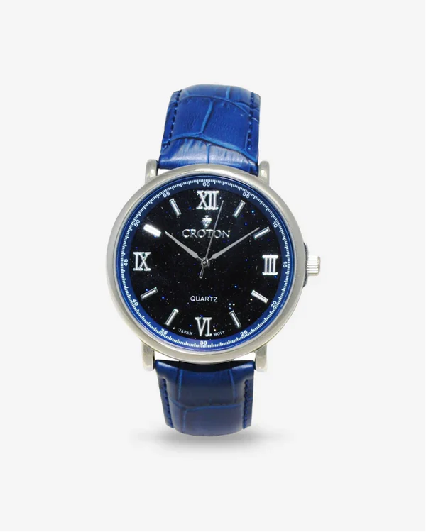 Men's Stainless Steel Quartz Watch with Rust Goldstone Glass Dial & Leather Strap