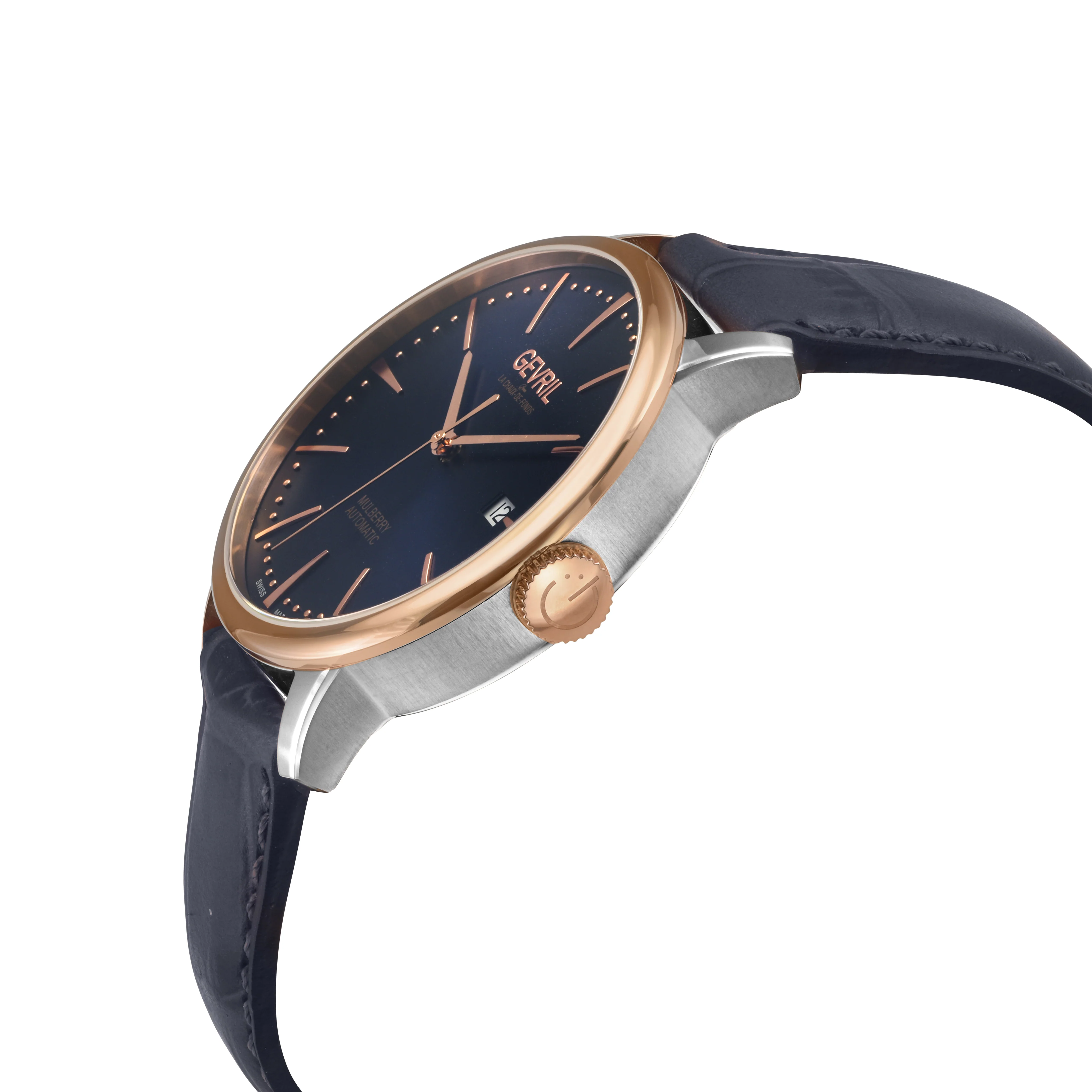 Mulberry Gevril Men's Mulberry SS Case, IPRG Bezel, Blue Dial with embossed textured, Blue Handmade Italian Leather Strap | Blue Dial - Image 2