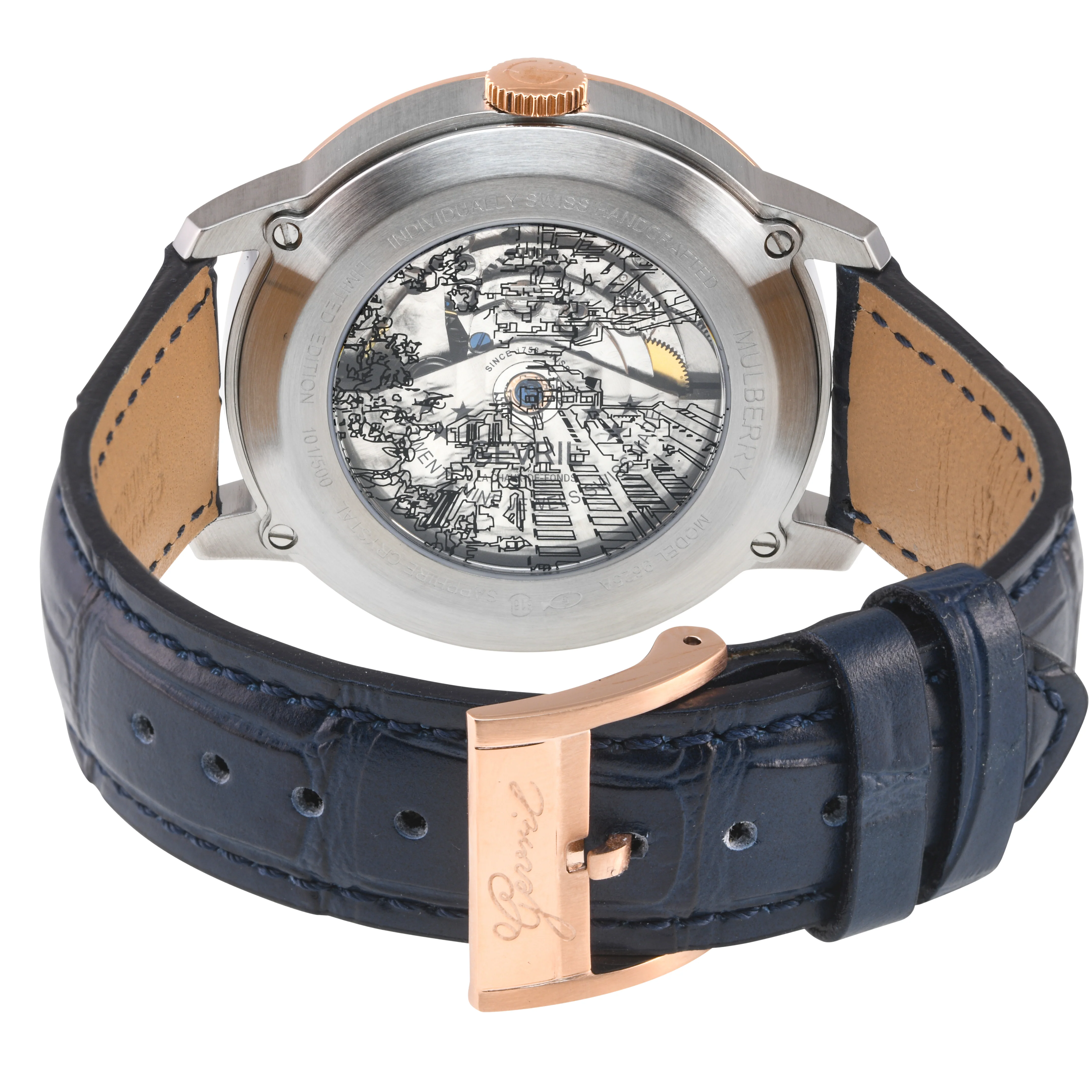 Mulberry Gevril Men's Mulberry SS Case, IPRG Bezel, Blue Dial with embossed textured, Blue Handmade Italian Leather Strap | Blue Dial - Image 3