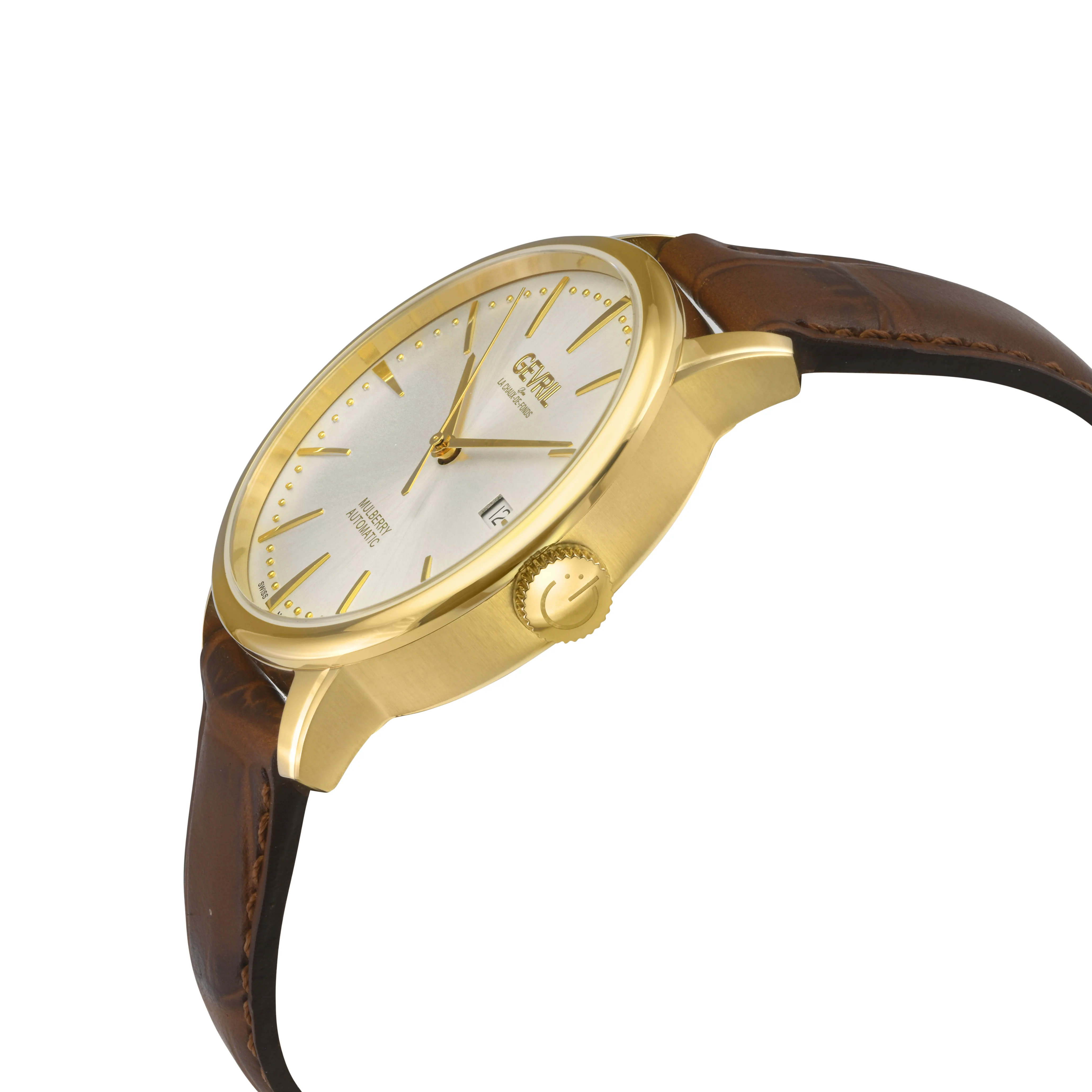 Mulberry Gevril Men's Mulberry SS Case, IPRG Bezel, White Dial with embossed textured, Brown Handmade Italian Leather Strap | White Dial - Image 2