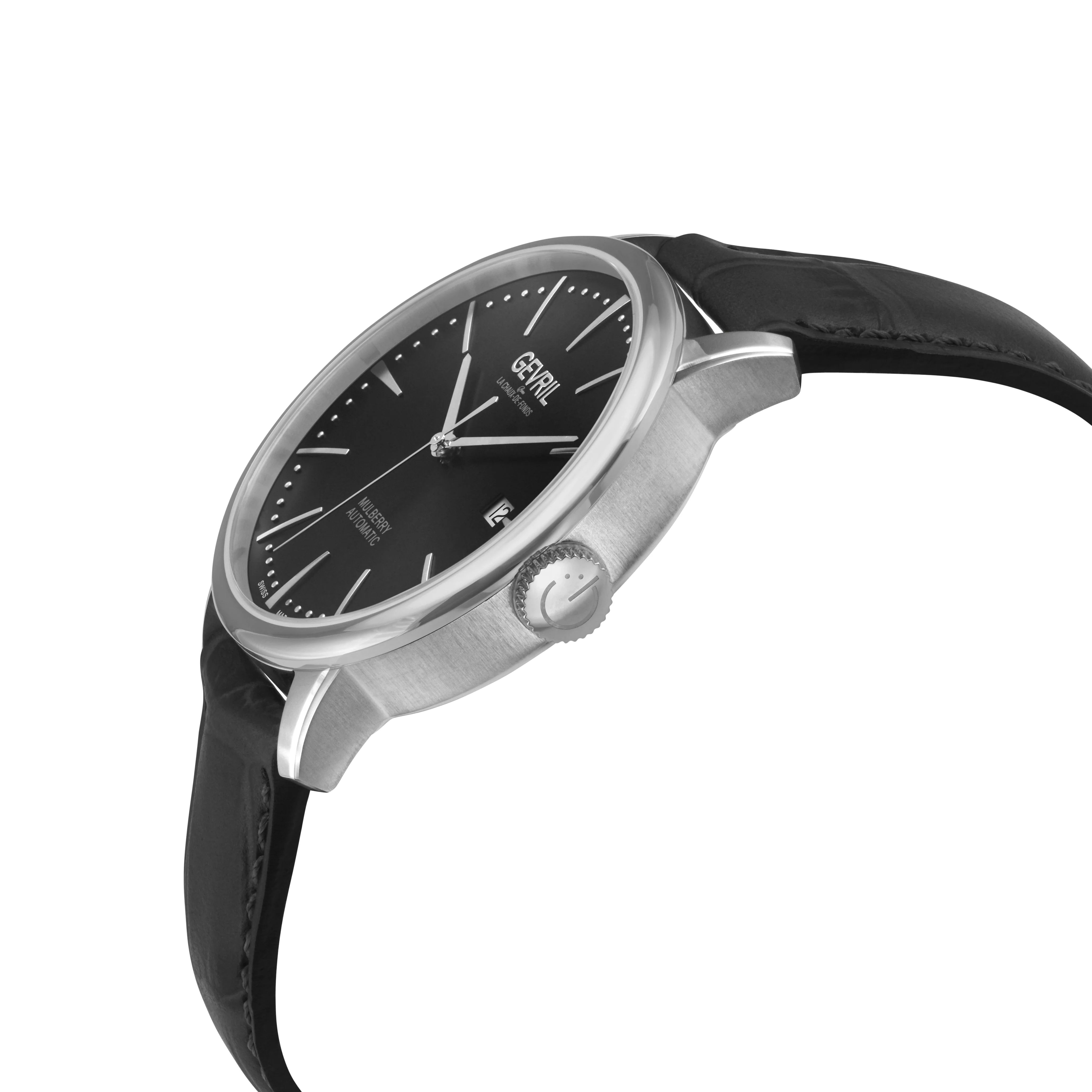 Mulberry Gevril Men's Mulberry SS Case,SS Bezel, Black Dial with embossed textured, Black Handmade Italian Leather Strap | Black Dial Dial - Image 2