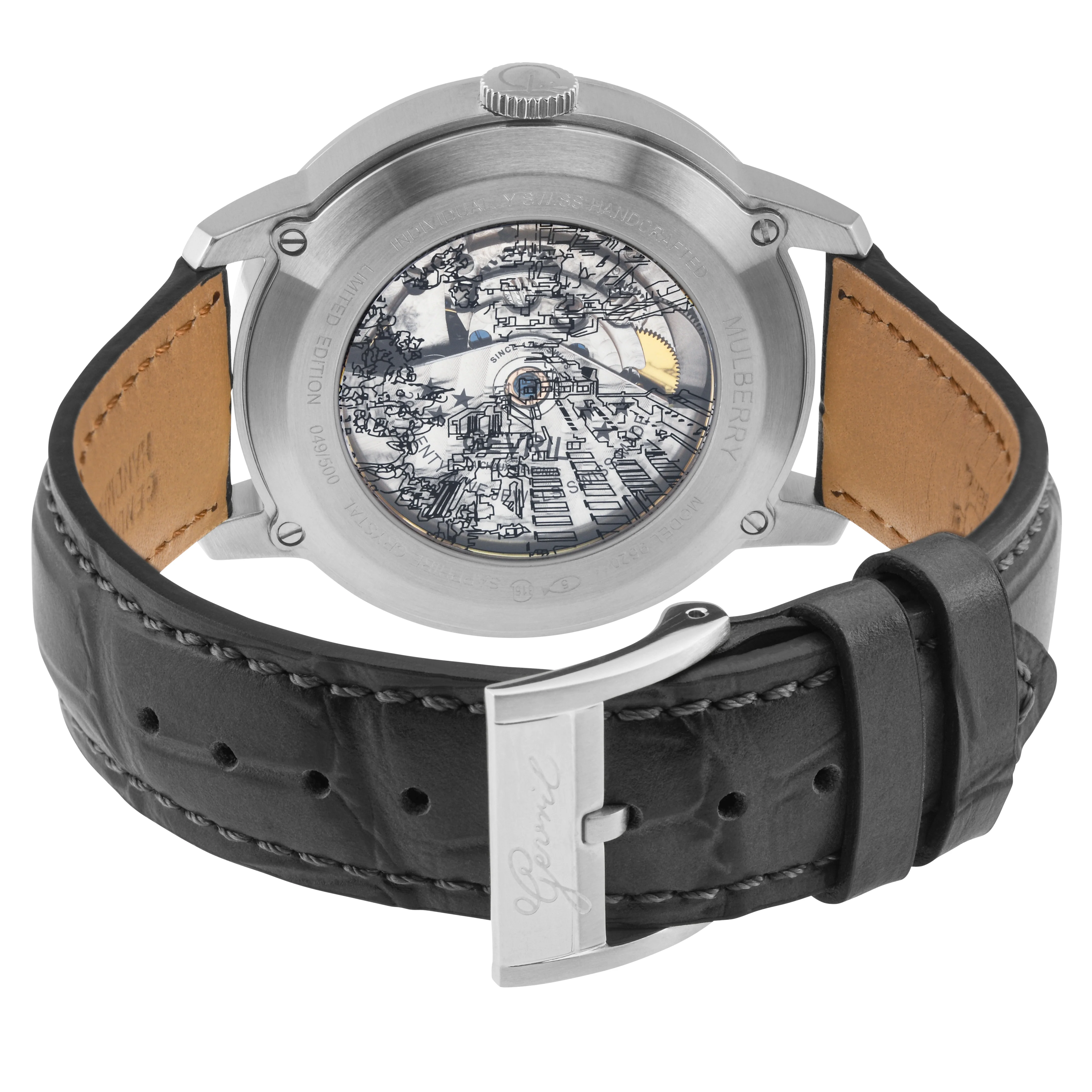 Mulberry Gevril Men's Mulberry SS Case,SS Bezel, Black Dial with embossed textured, Black Handmade Italian Leather Strap | Black Dial Dial - Image 3