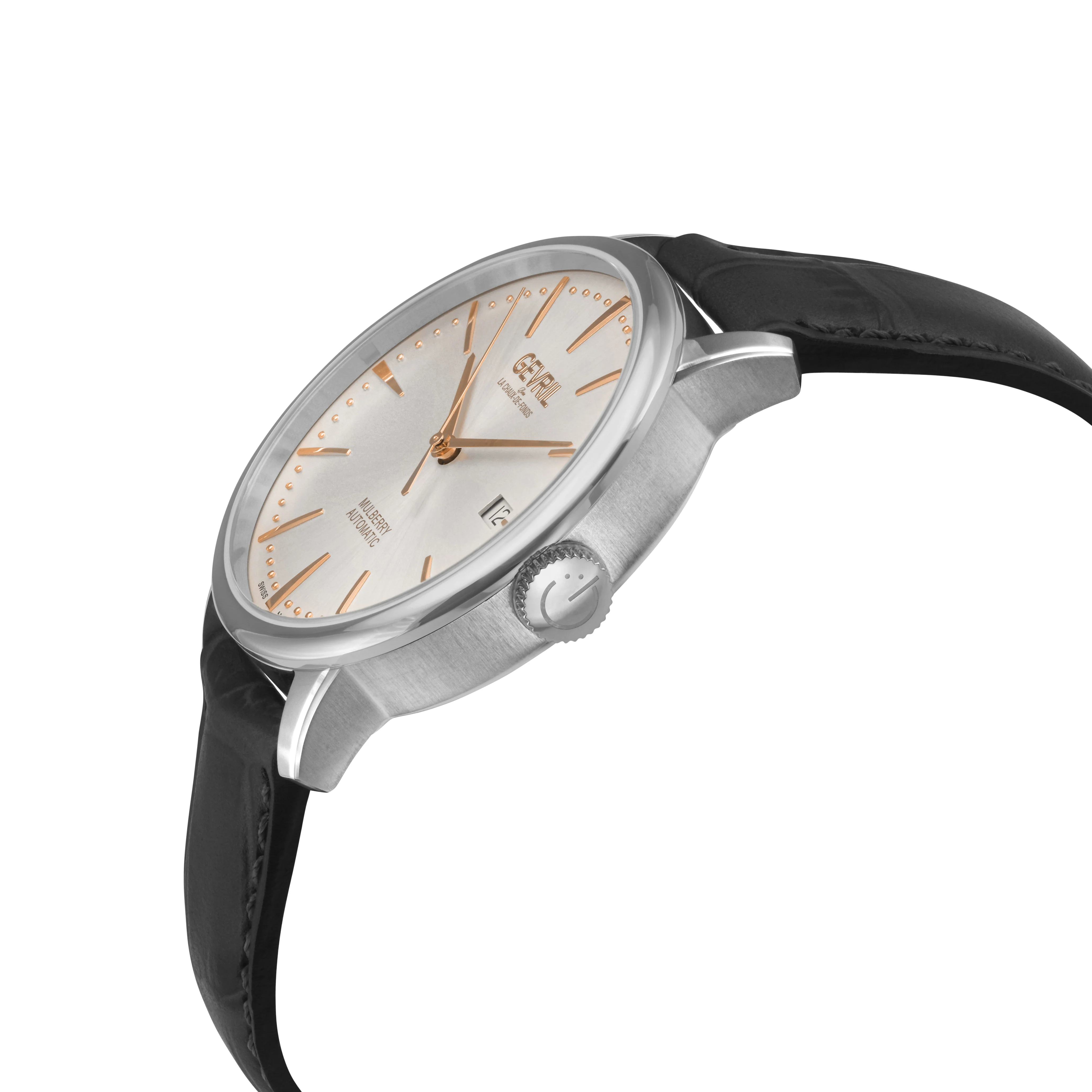 Mulberry Gevril Men's Mulberry SS Case, White Dial with embossed textured, Black Handmade Italian Leather Strap | White Dial - Image 2