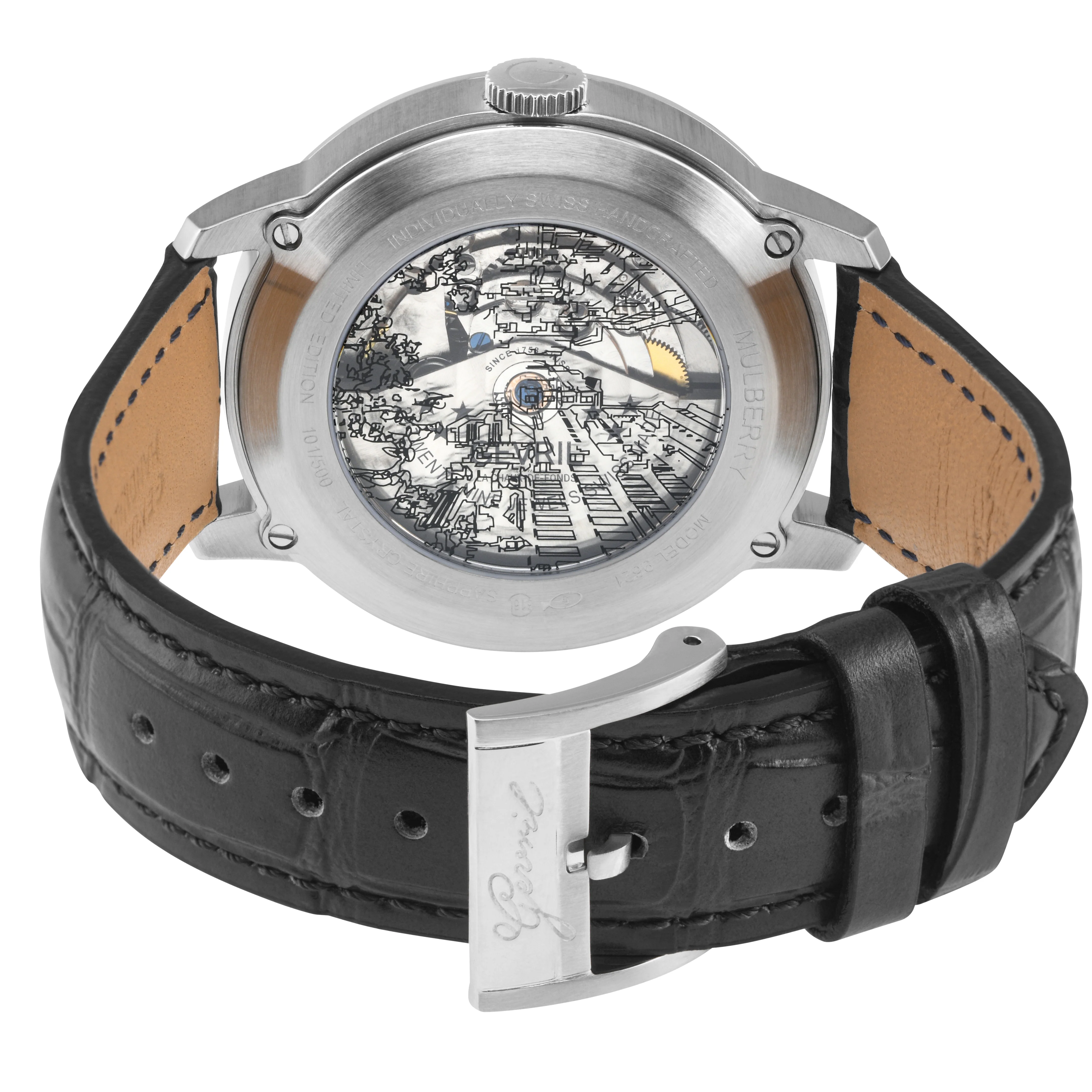 Mulberry Gevril Men's Mulberry SS Case, White Dial with embossed textured, Black Handmade Italian Leather Strap | White Dial - Image 3