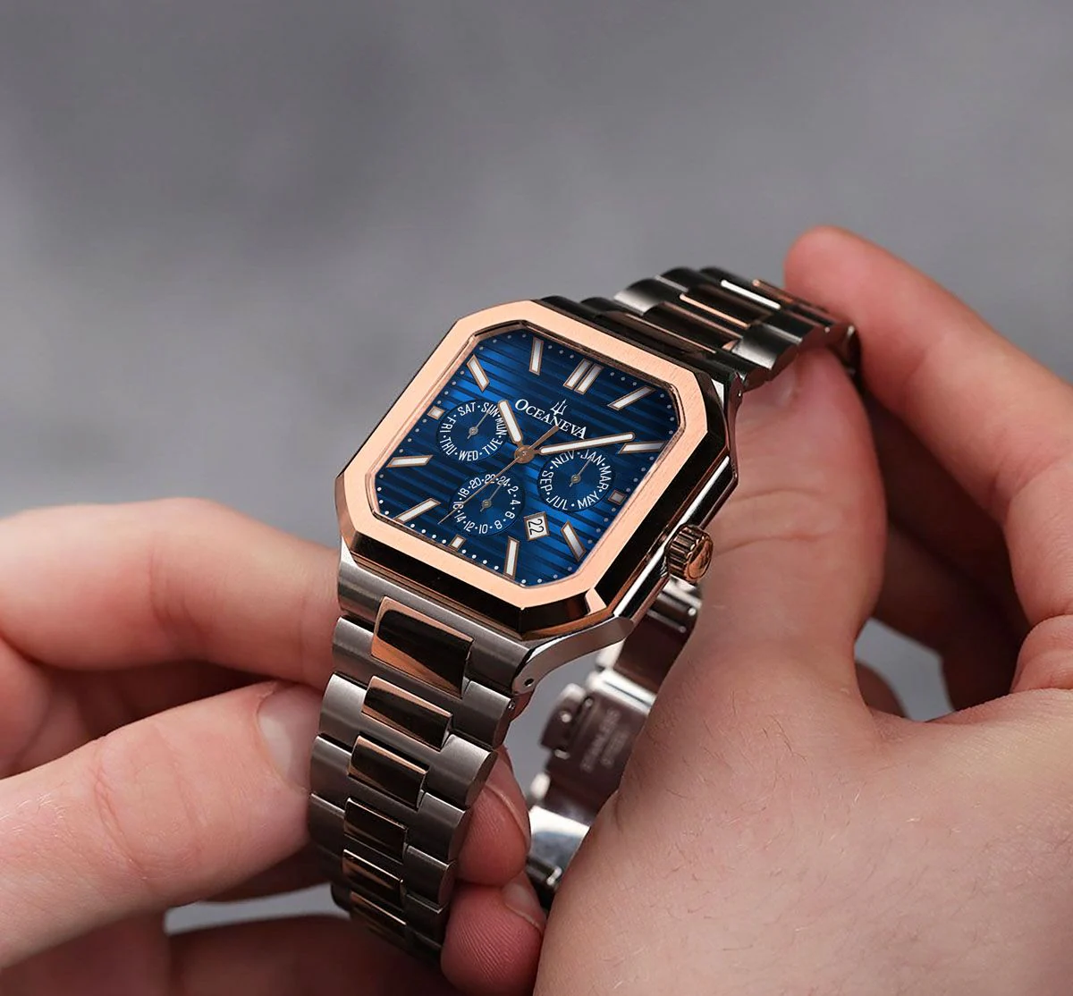 Oceaneva Tenuis Automatic CalendarThin Watch Blue/Rose Gold Blue/Silver/Rose Gold | Blue Sunray Dial - Image 5
