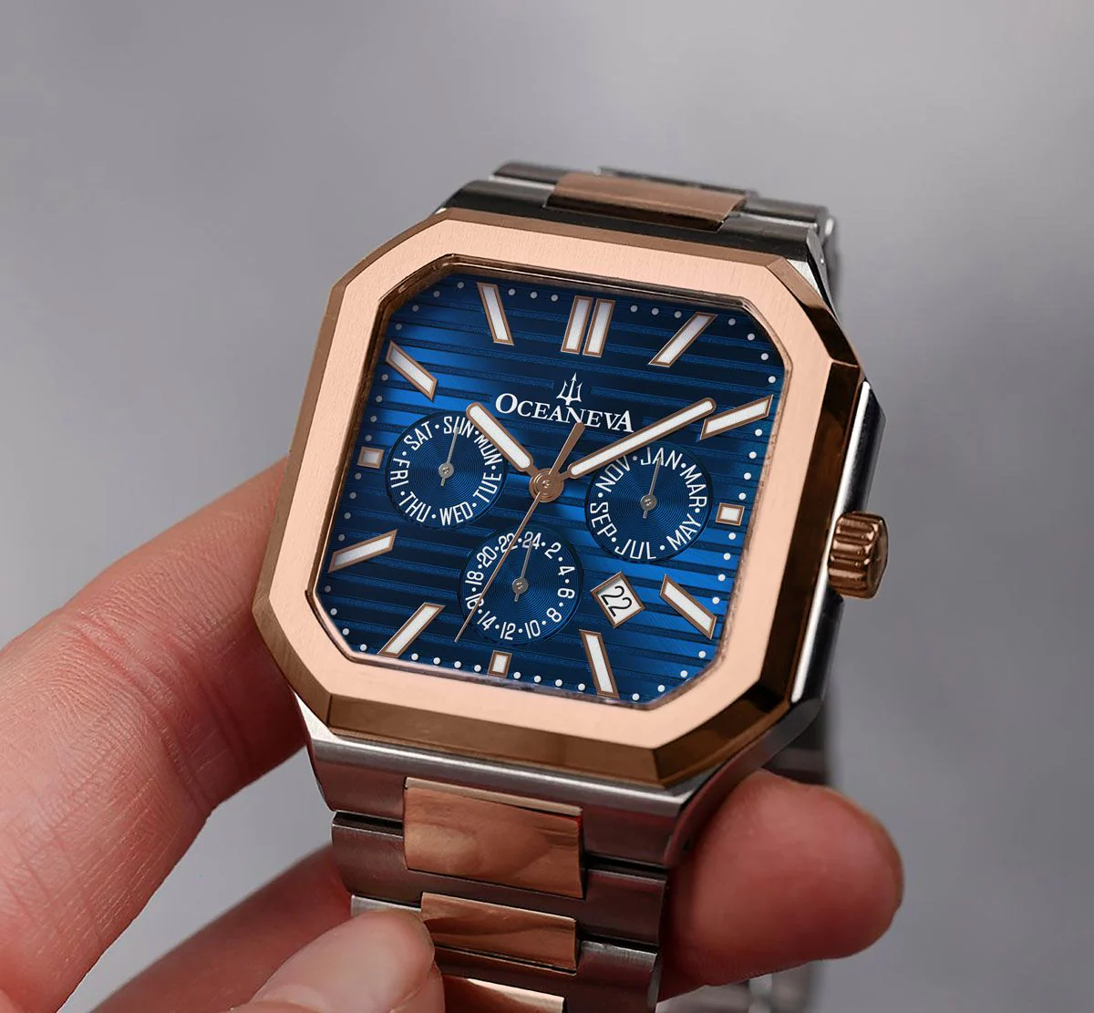 Oceaneva Tenuis Automatic CalendarThin Watch Blue/Rose Gold Blue/Silver/Rose Gold | Blue Sunray Dial - Image 8