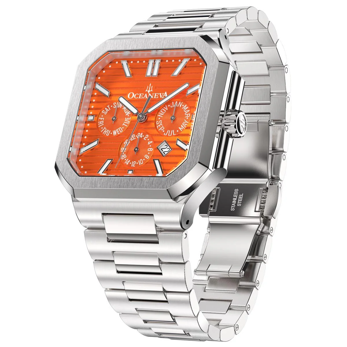 Tenuis Automatic Silver Bezel Watch  | Orange Dial with Calendar - Image 4