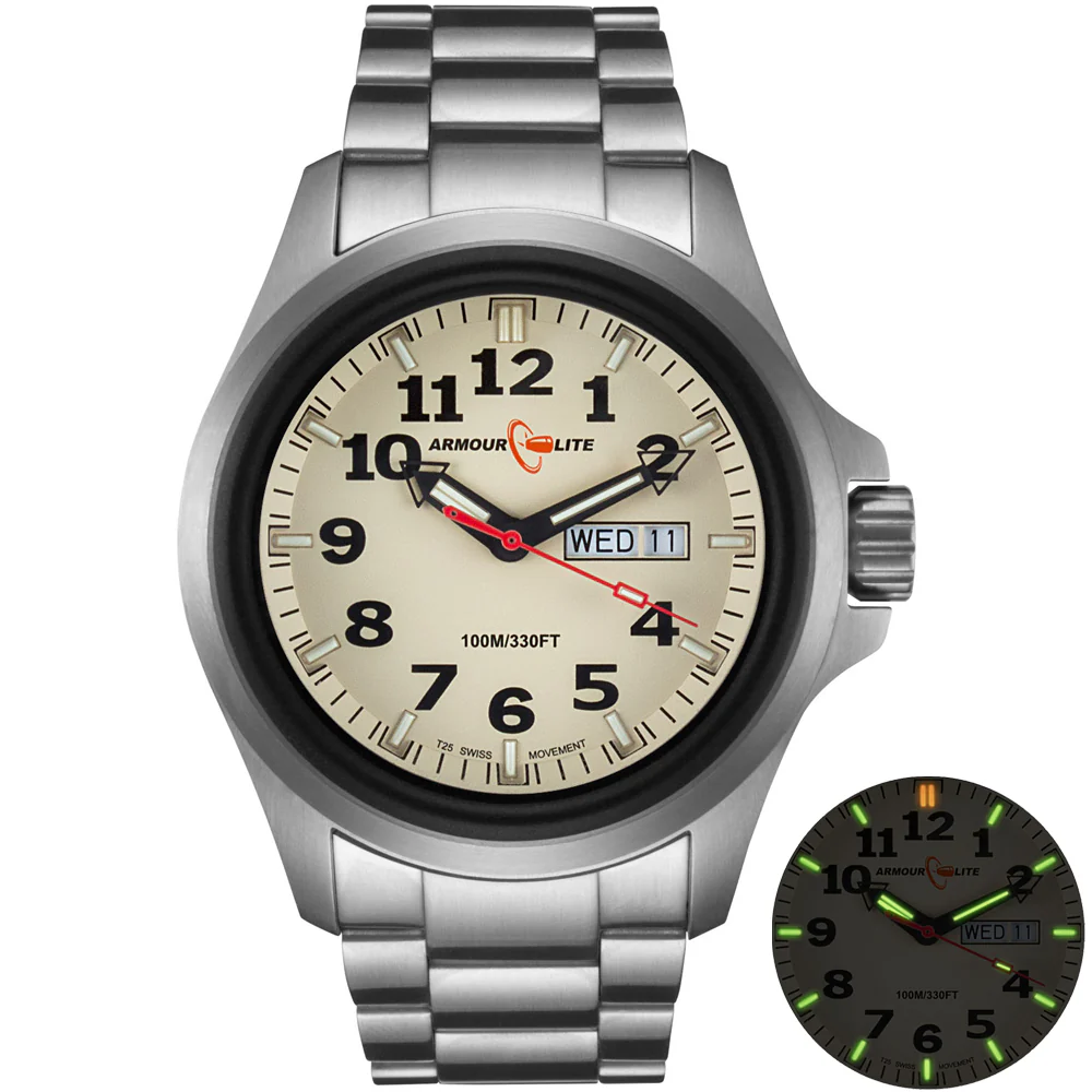 Officer AL815 Tritium Illuminated w/ Shatterproof Armourglass Crystal Stainless Steel Band | Cream Dial