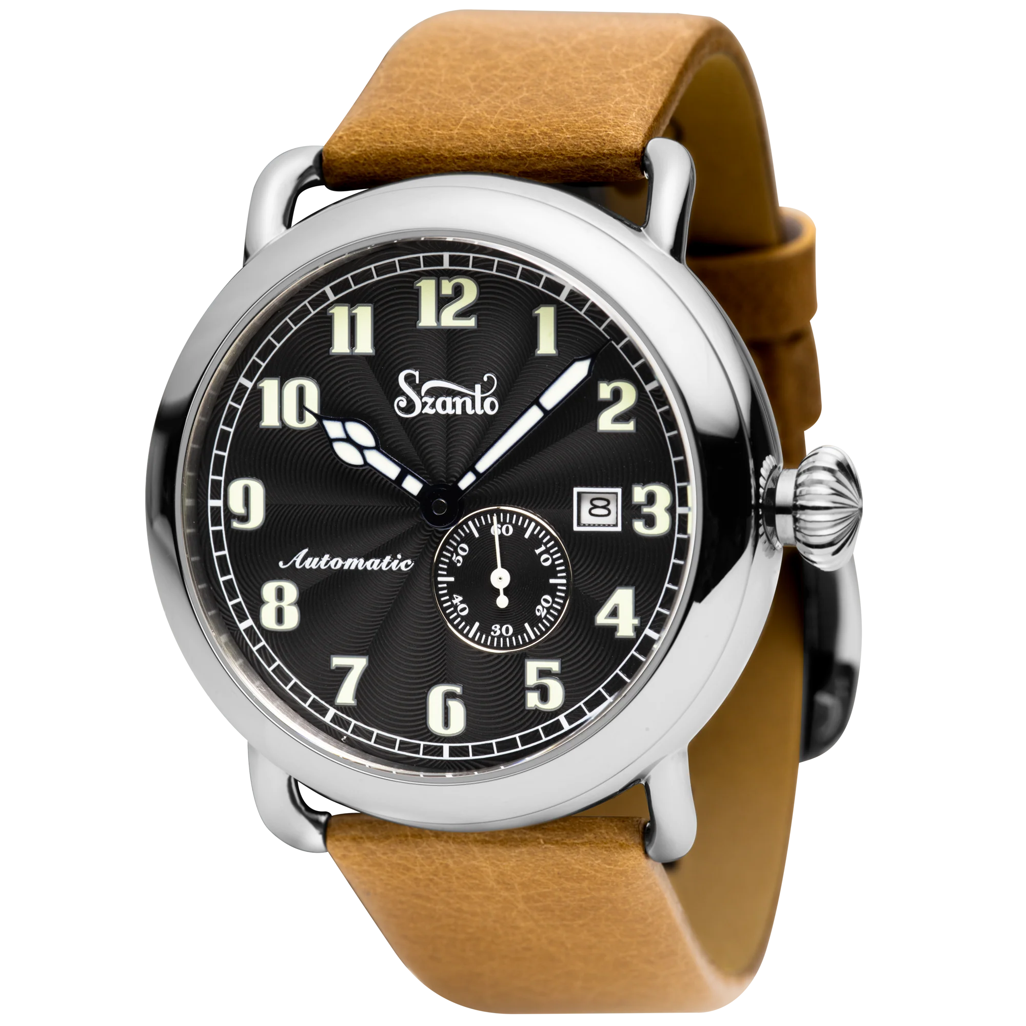 Officer's Classic Round Automatic Steel Case/Black Guilloche Dial/Tan Leather Strap | Black Dial - Image 2