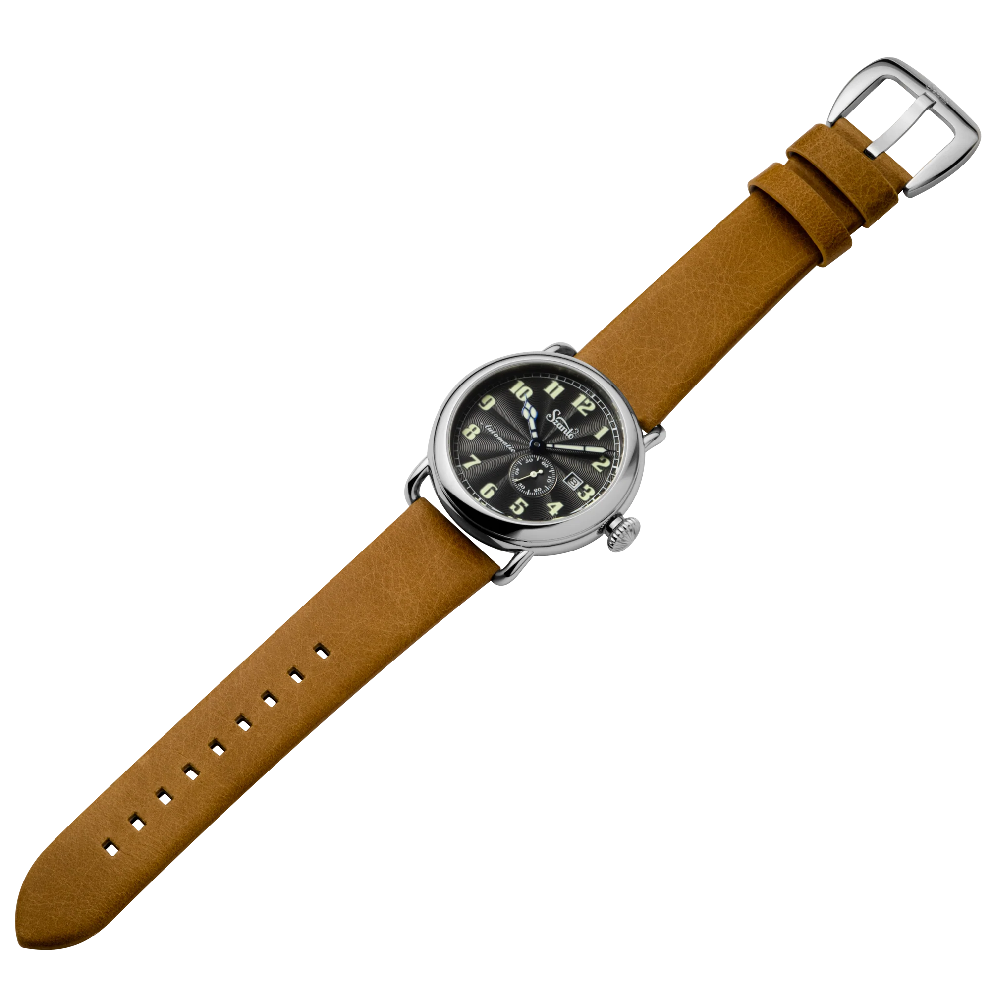 Officer's Classic Round Automatic Steel Case/Black Guilloche Dial/Tan Leather Strap | Black Dial - Image 3