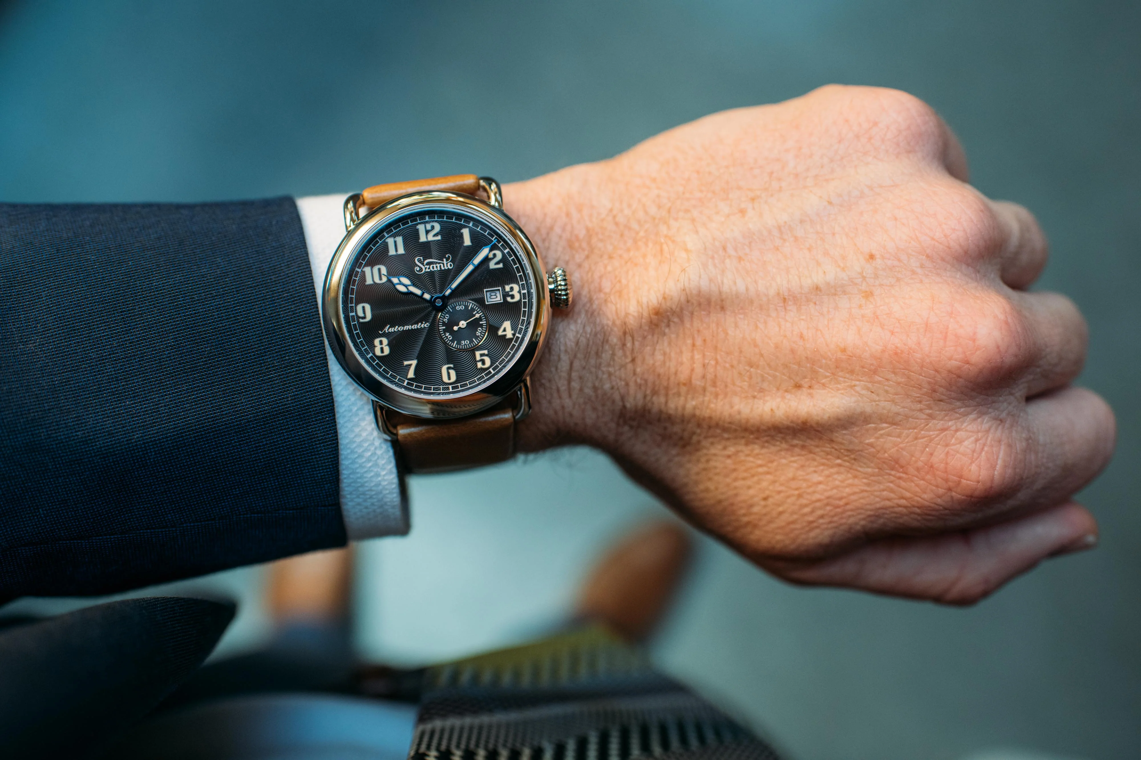 Officer's Classic Round Automatic Steel Case/Black Guilloche Dial/Tan Leather Strap | Black Dial - Image 9