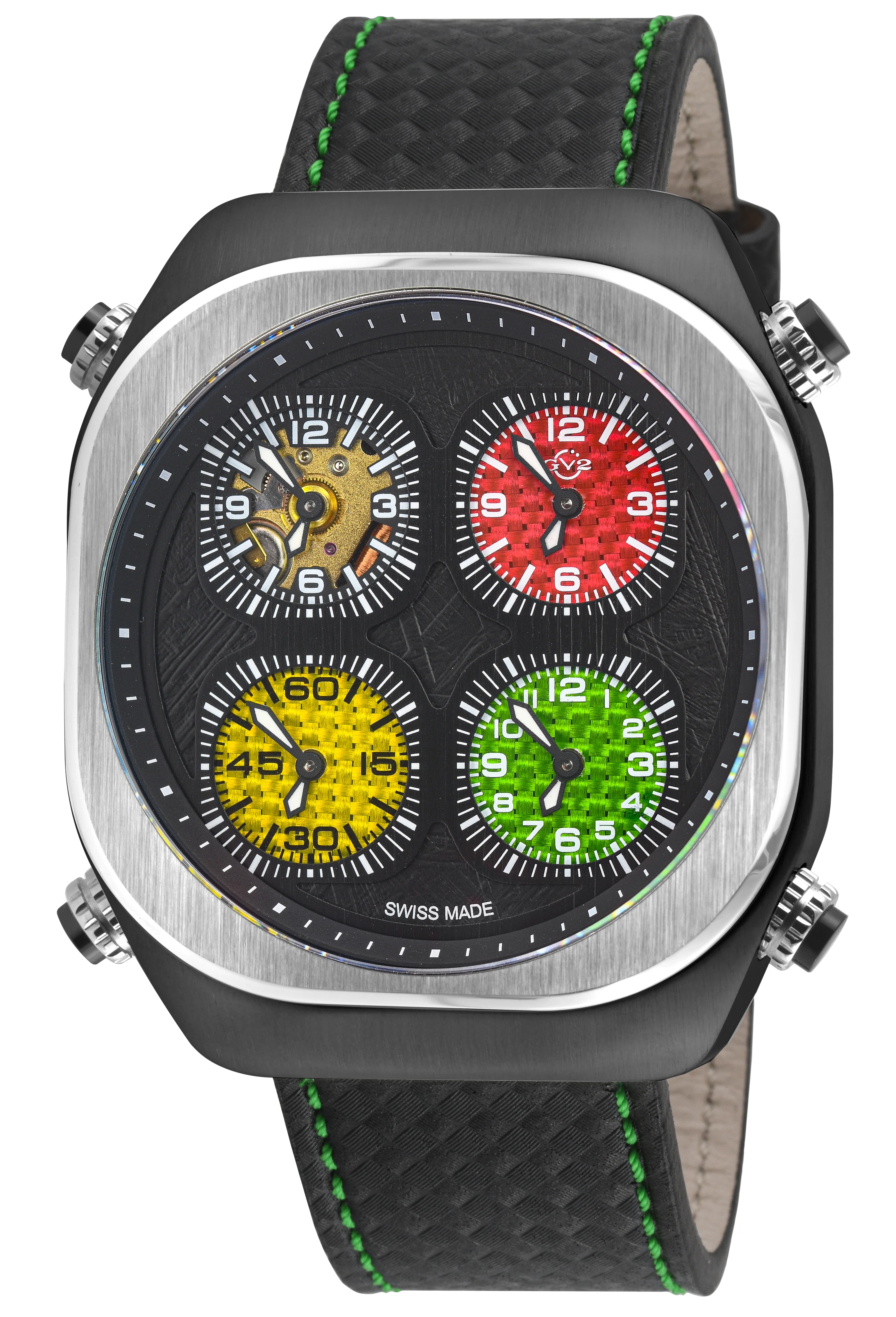 Quattro Zone GV2 Swiss Quartz, 316L Black Case, Silver Bezel, Black dial, Sub Dials, Black Italian Leather Strap Black Dial