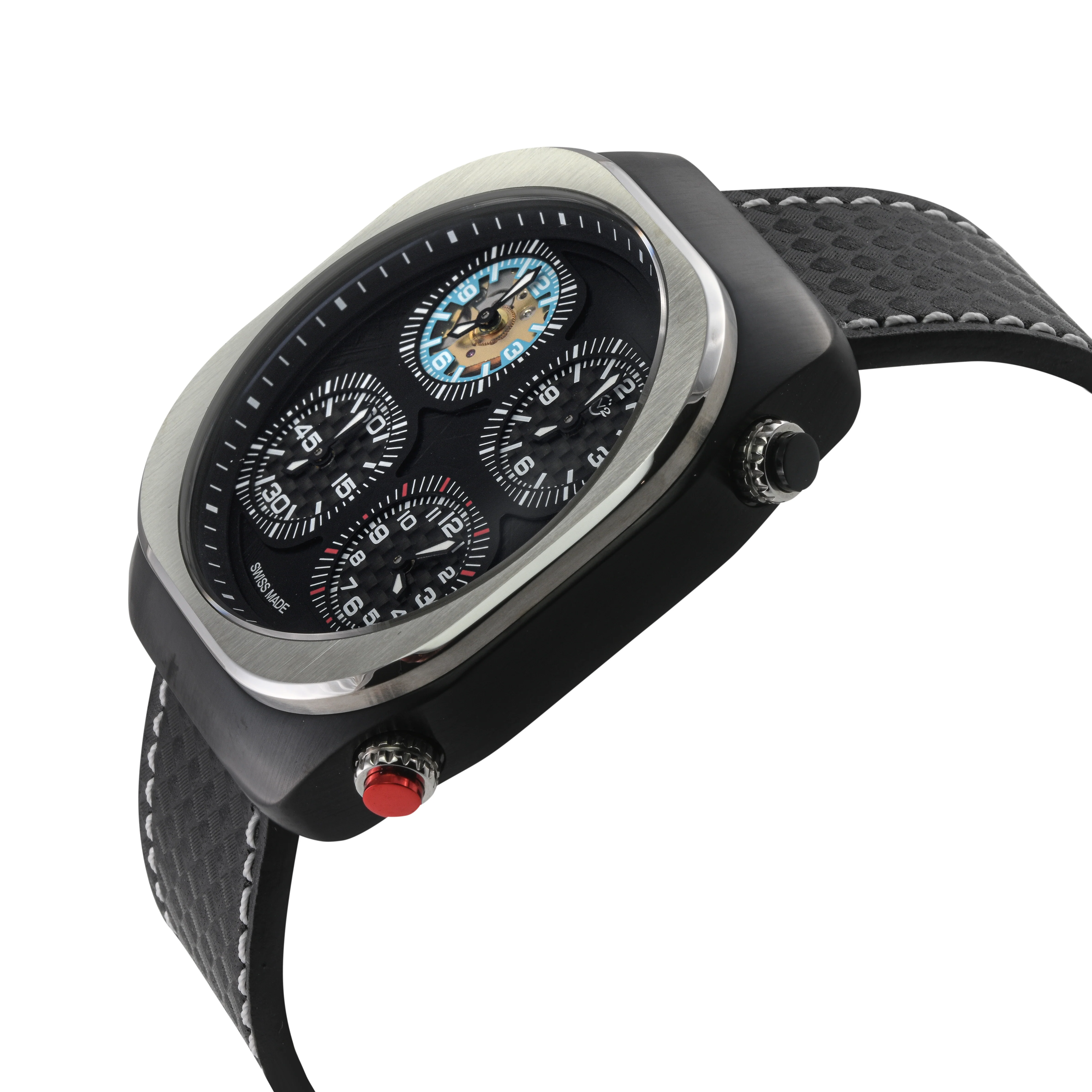 Quattro Zone GV2 Swiss Quartz, 316L Black Case, Silver Bezel, Black dial, Sub Dials, Black Italian Leather Strap | Black Dial - Image 2