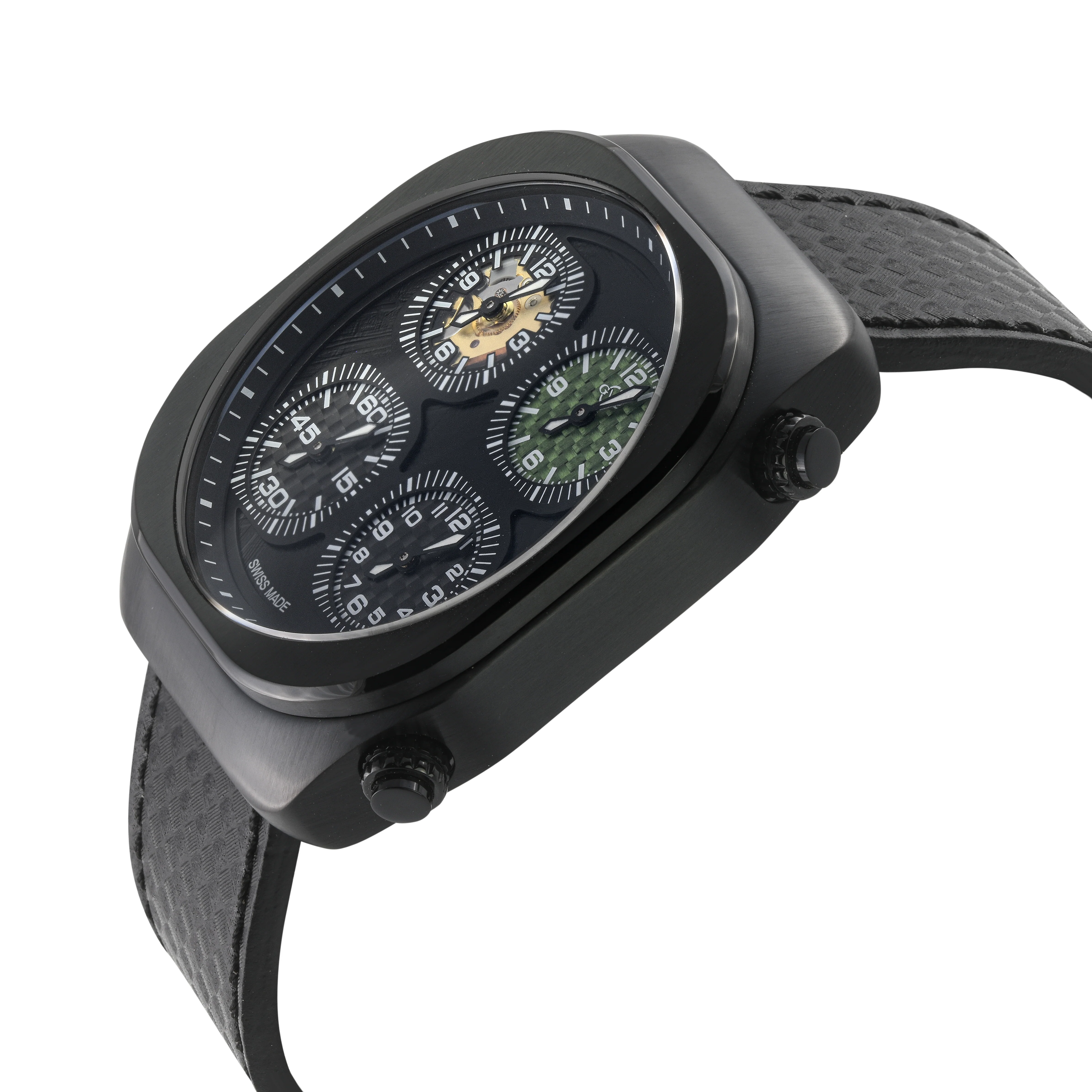 Quattro Zone GV2 Swiss Quartz, 316L Black Case, Black Bezel, Black dial, Sub Dials, Black Italian Leather Strap | Black Dial - Image 2