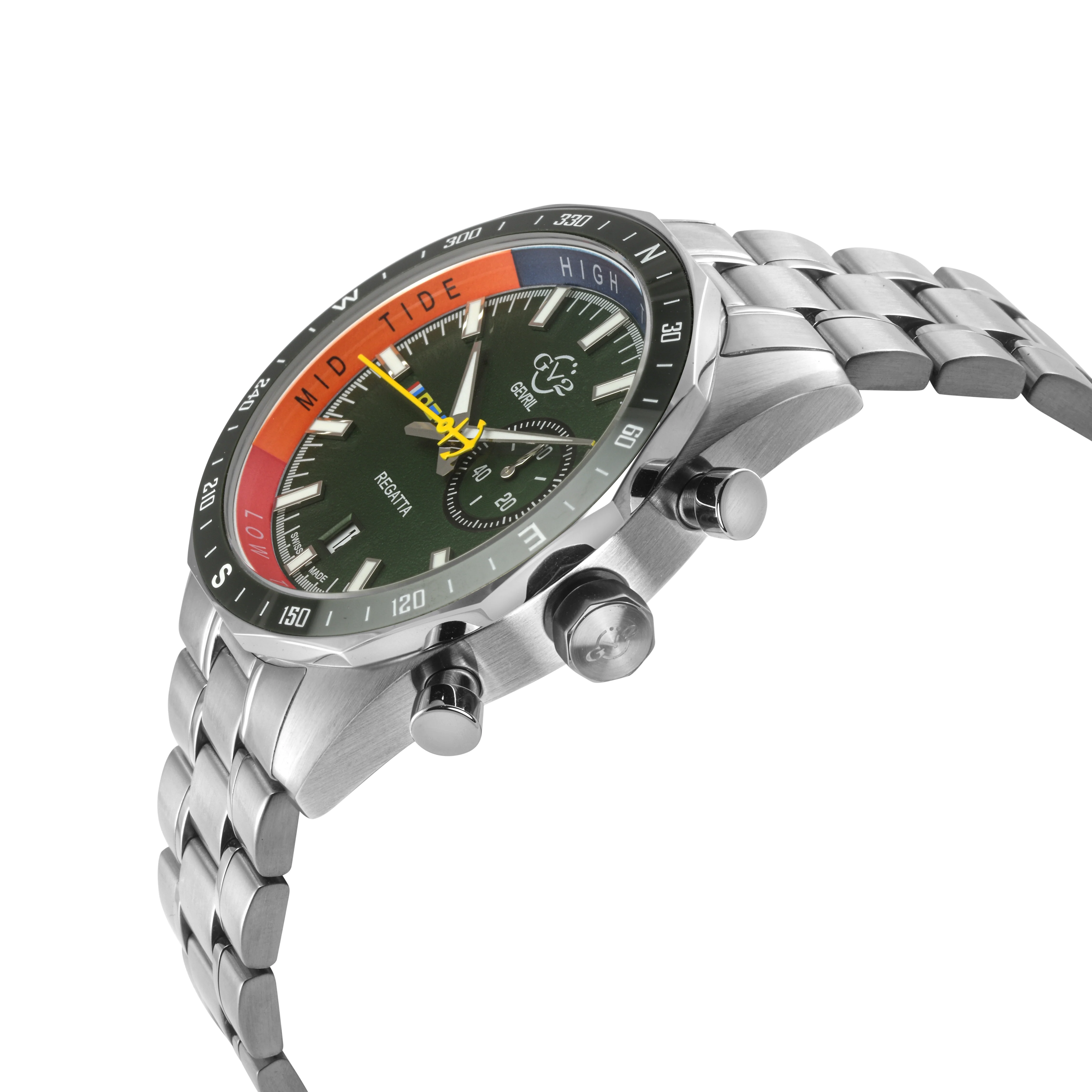 Regatta GV2 Swiss Quartz,Tide cycle indicator, Green dial, 316L Stainless Steel Bracelet | Green Dial - Image 2