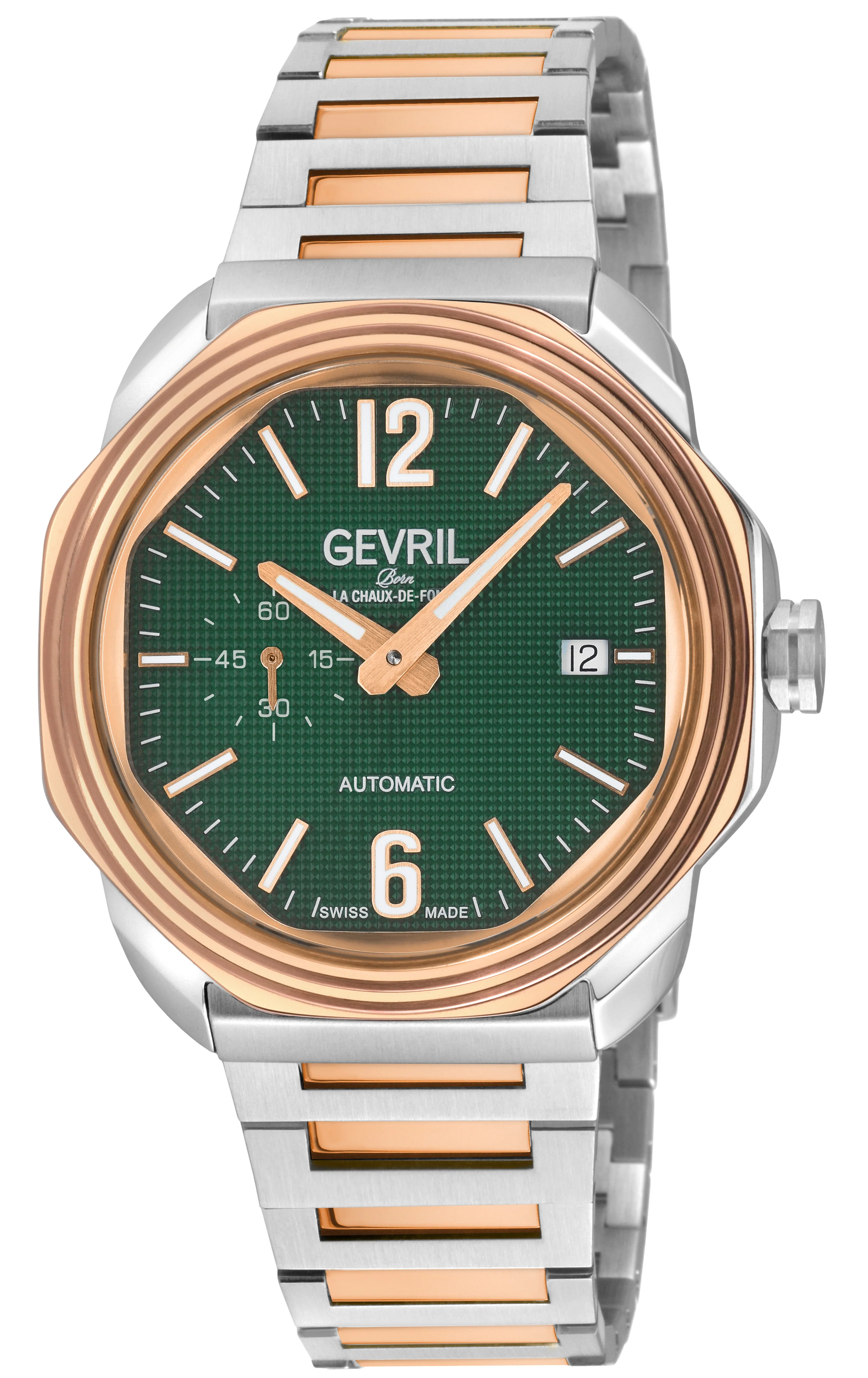 Roosevelt Gevril SS Case, IPRG Bezel, Green checkered dial, SS/IPRG Bracelet. | Green Dial