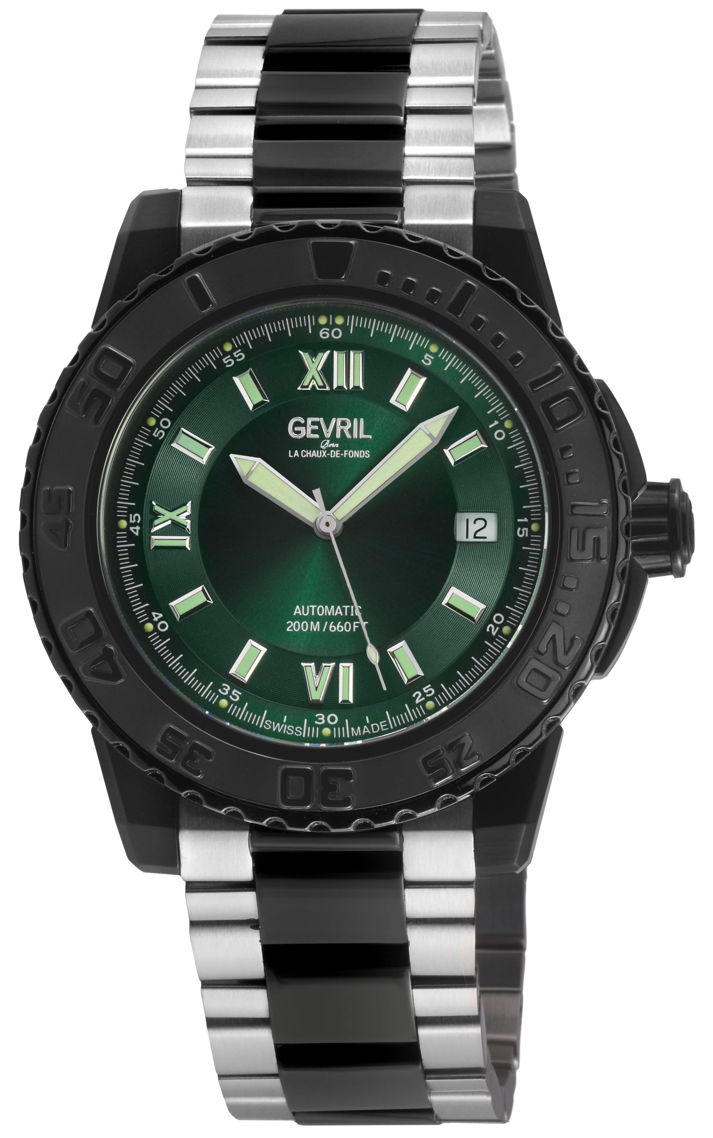 Seacloud Gevril Steel and Black PVD Black Dial Luminous Hands Swiss Made Automatic Diver Green Watch | Black Dial