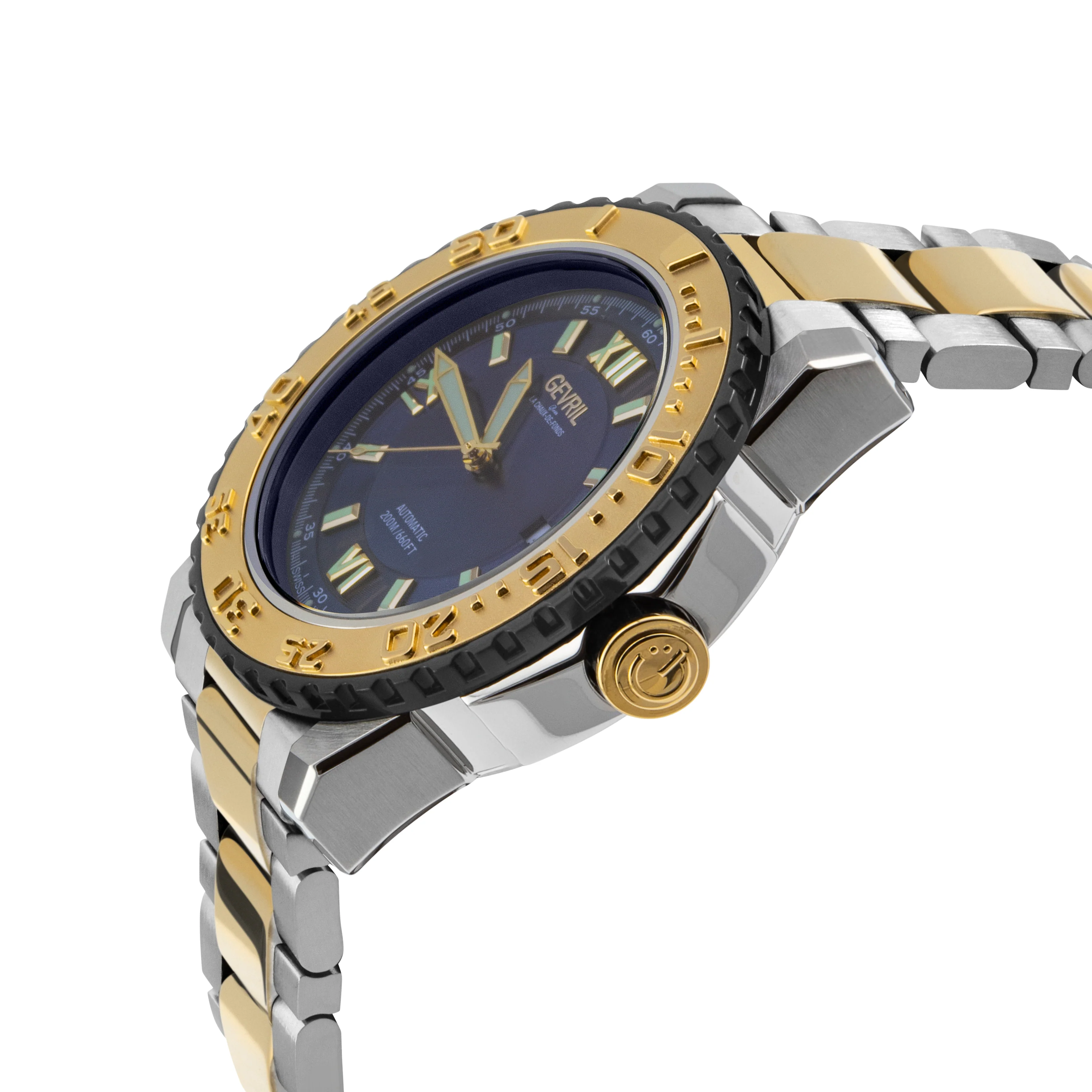 Seacloud Gevril Two tone Stainless Steel Gold Tone Blue Dial Luminous Hands Swiss Made Automatic Bracelet Date Watch | Blue Dial - Image 2