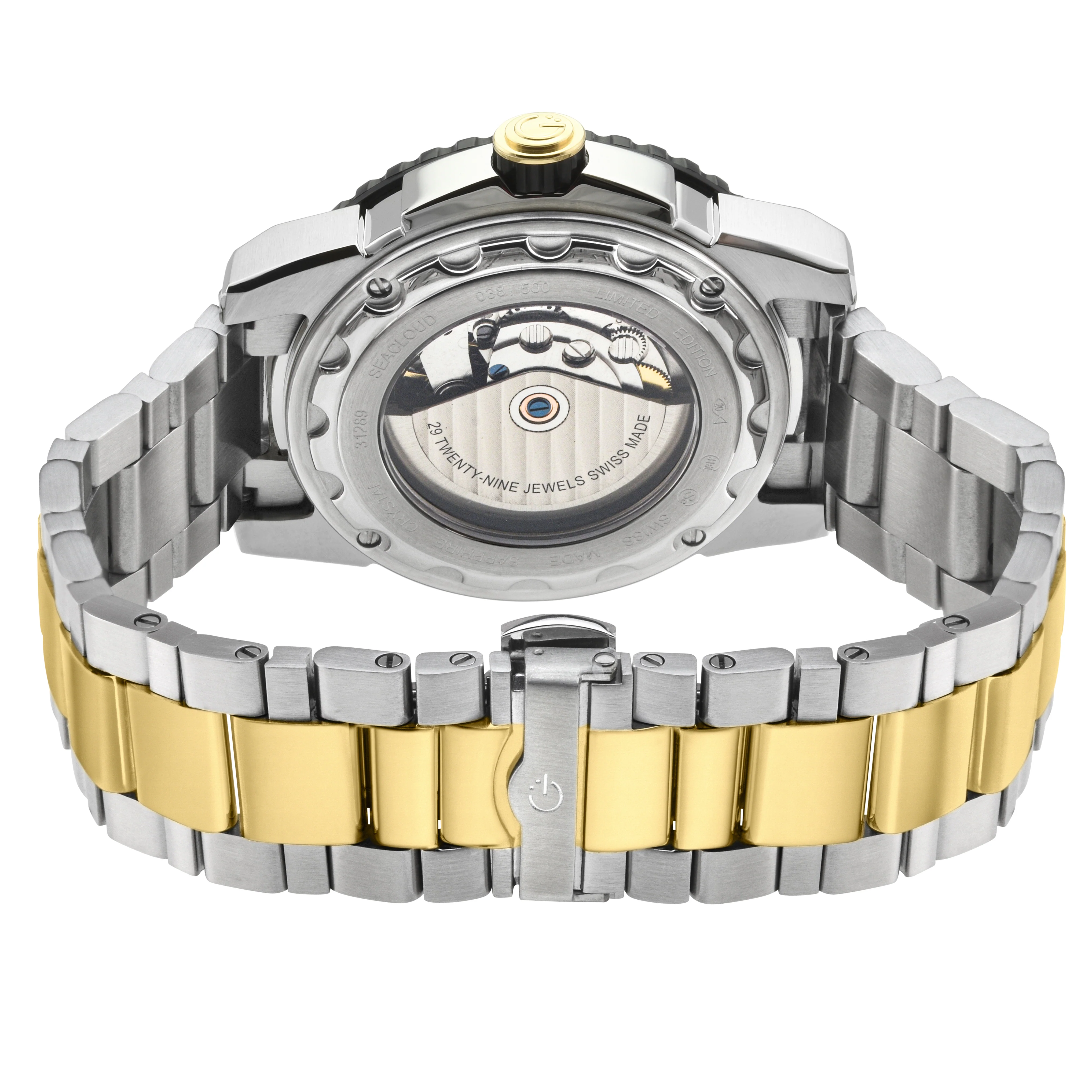 Seacloud Gevril Two tone Stainless Steel Gold Tone Blue Dial Luminous Hands Swiss Made Automatic Bracelet Date Watch | Blue Dial - Image 3