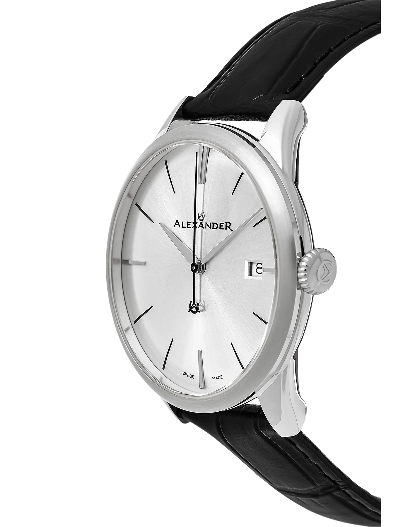 Sophisticate A911 Stainless Steel Case on Black Embossed Genuine Leather Strap, Silver-sunburst Dial - Image 2