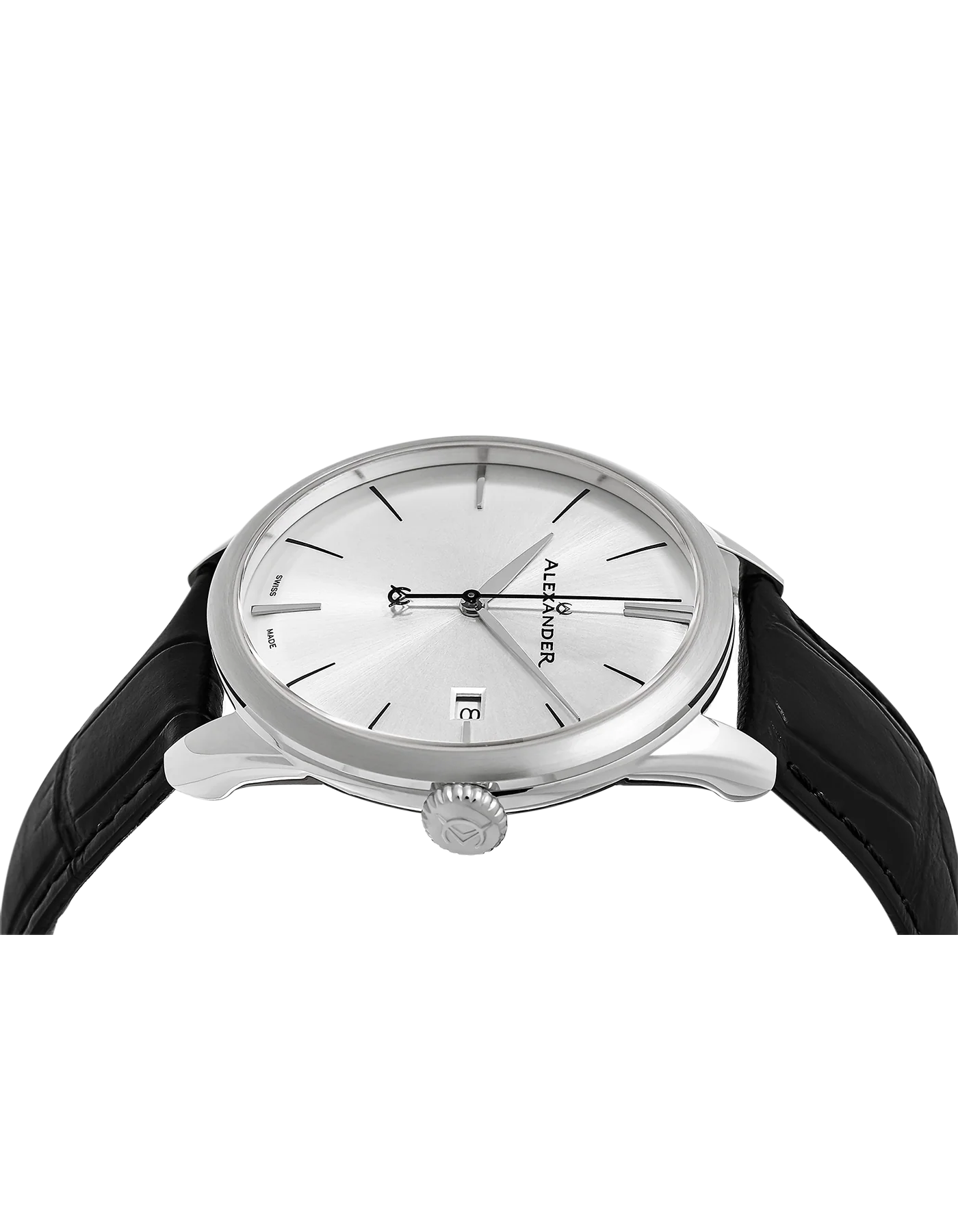 Sophisticate A911 Stainless Steel Case on Black Embossed Genuine Leather Strap, Silver-sunburst Dial - Image 3