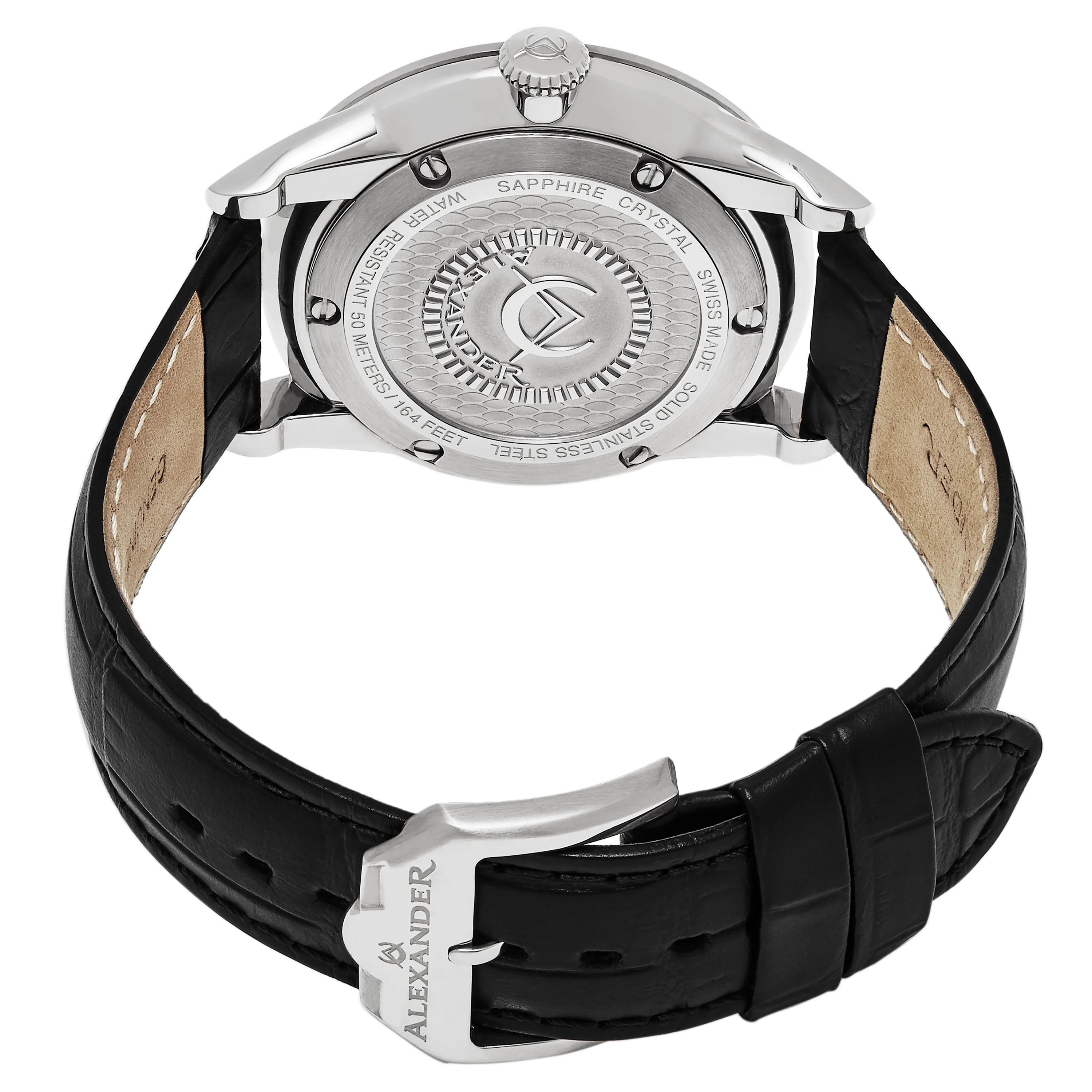 Sophisticate A911 Stainless Steel Case on Black Embossed Genuine Leather Strap, Silver-sunburst Dial - Image 4