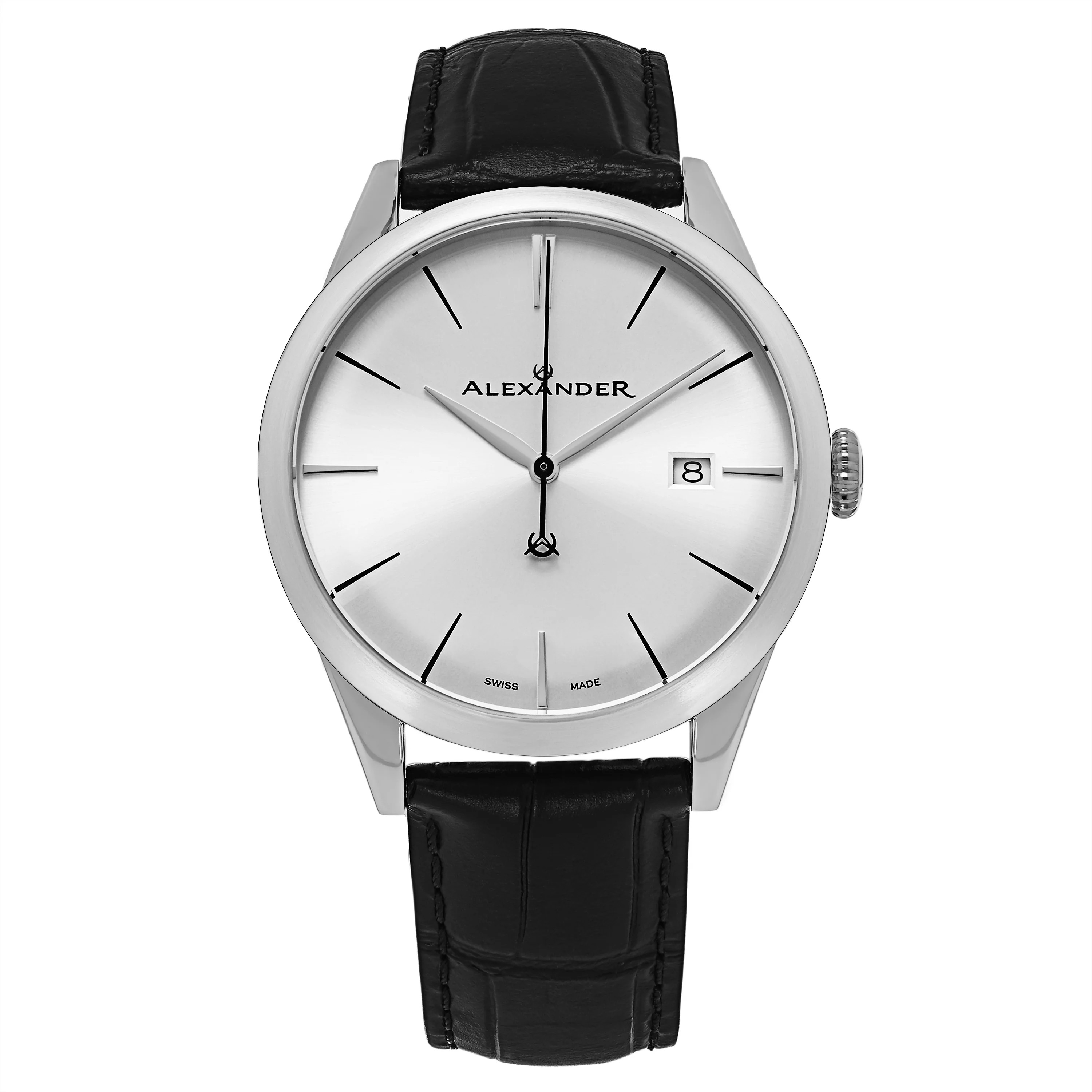 Sophisticate A911 Stainless Steel Case on Black Embossed Genuine Leather Strap, Silver-sunburst Dial - Image 5