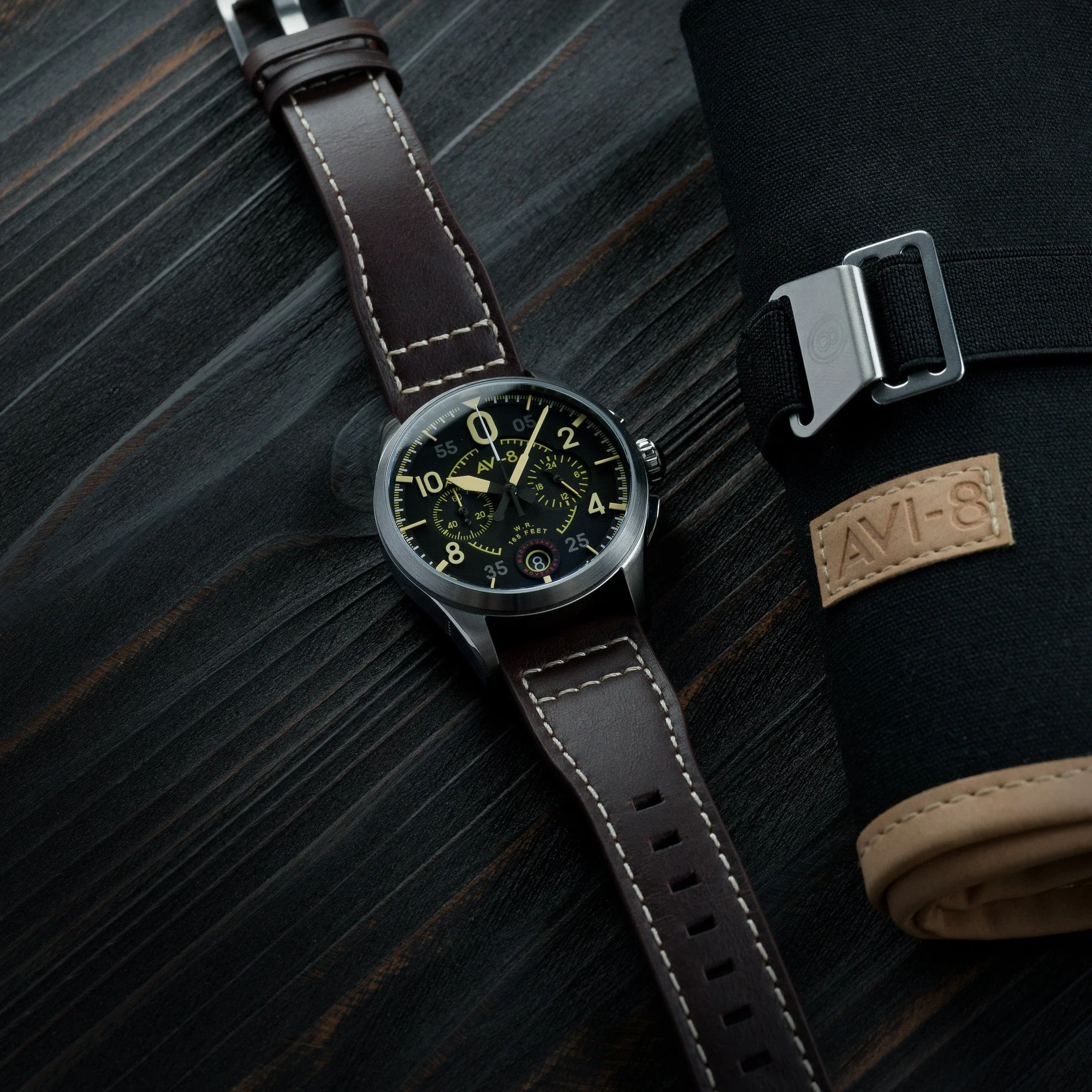 Spitfire Lock Chronograph Watch Black / Brown /  Leather | Black Dial - Image 6