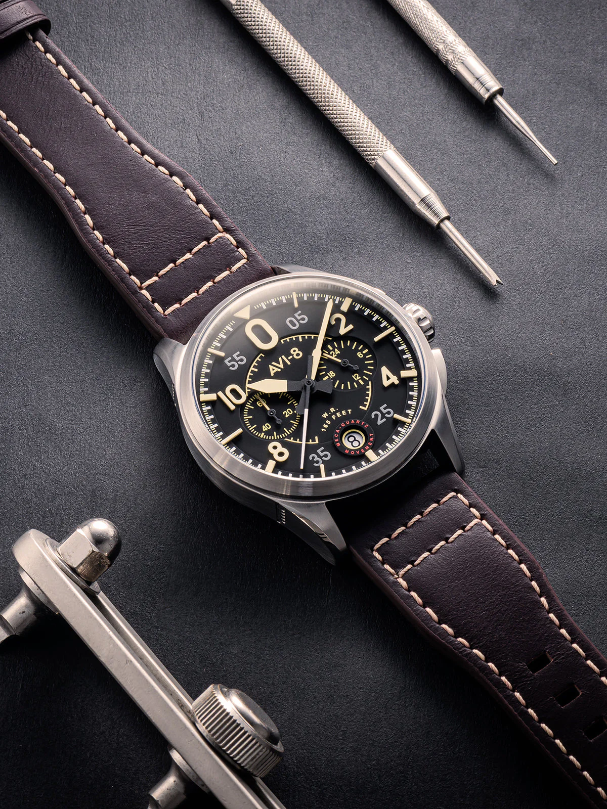 Spitfire Lock Chronograph Watch Black / Brown /  Leather | Black Dial - Image 7