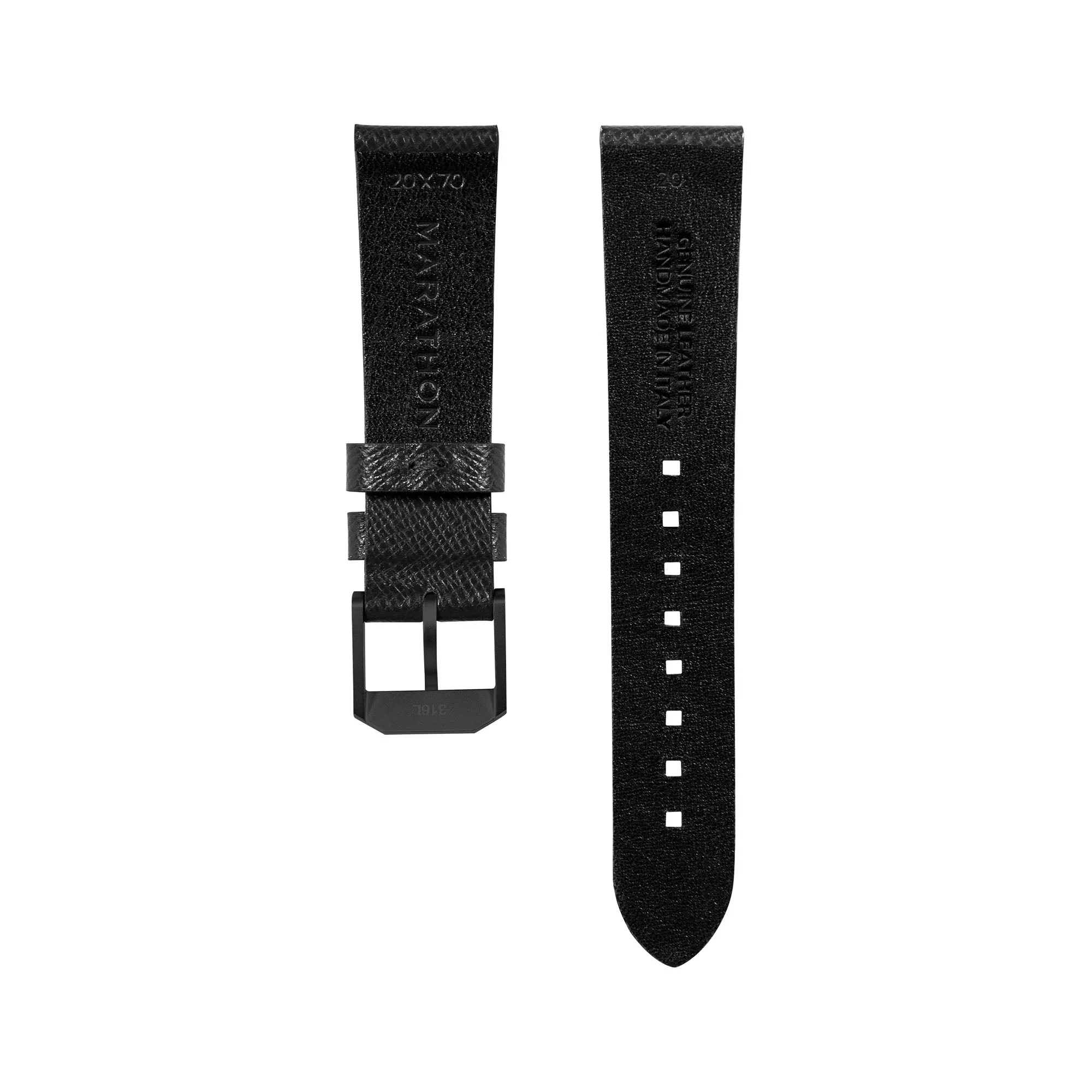 STRAP, 20mm, ITALIAN LEATHER, CROSS HATCH, IP BLACK BUCKLE, BLACK, STANDARD ITALIAN LEATHER, CROSS HATCH - Image 2