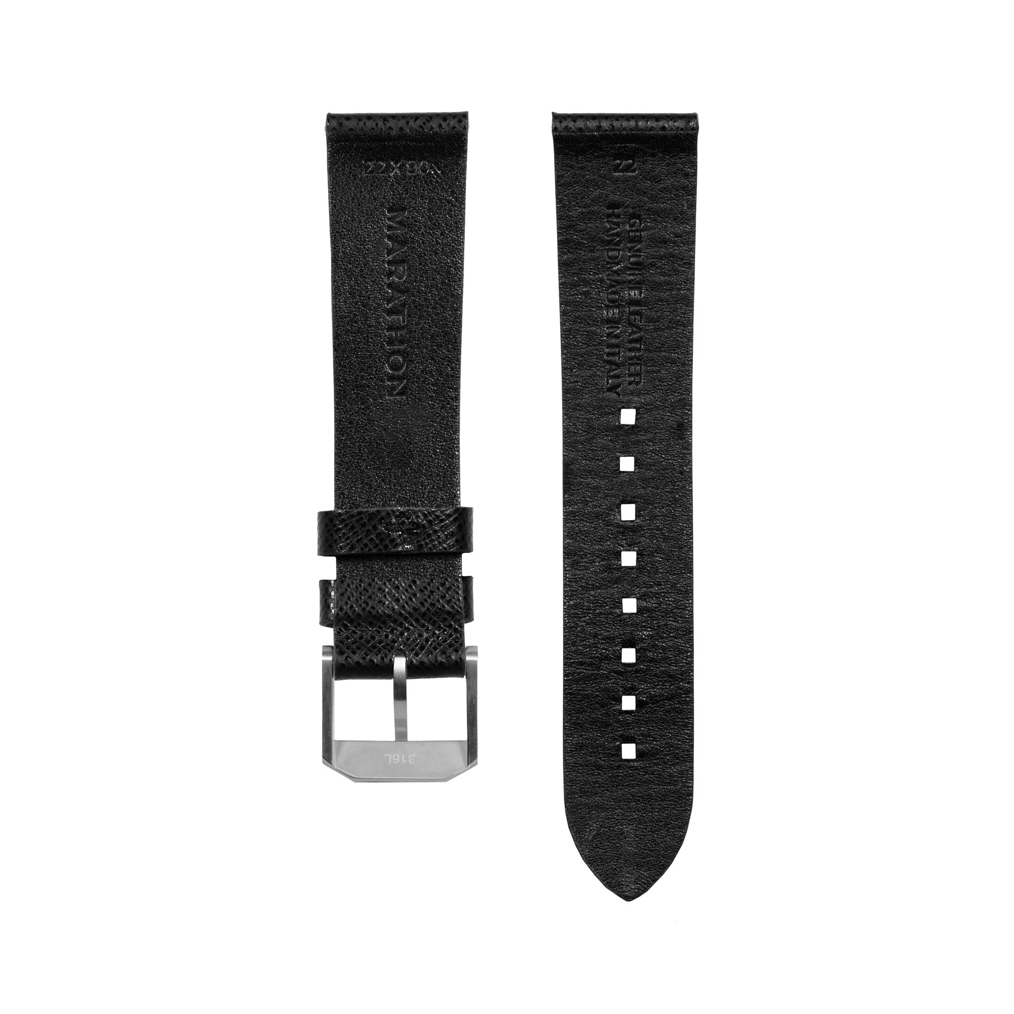STRAP, 22mm, LEATHER, CROSS HATCH, BLACK, STEEL BUCKLE, XL ITALIAN LEATHER, CROSS HATCH - Image 3