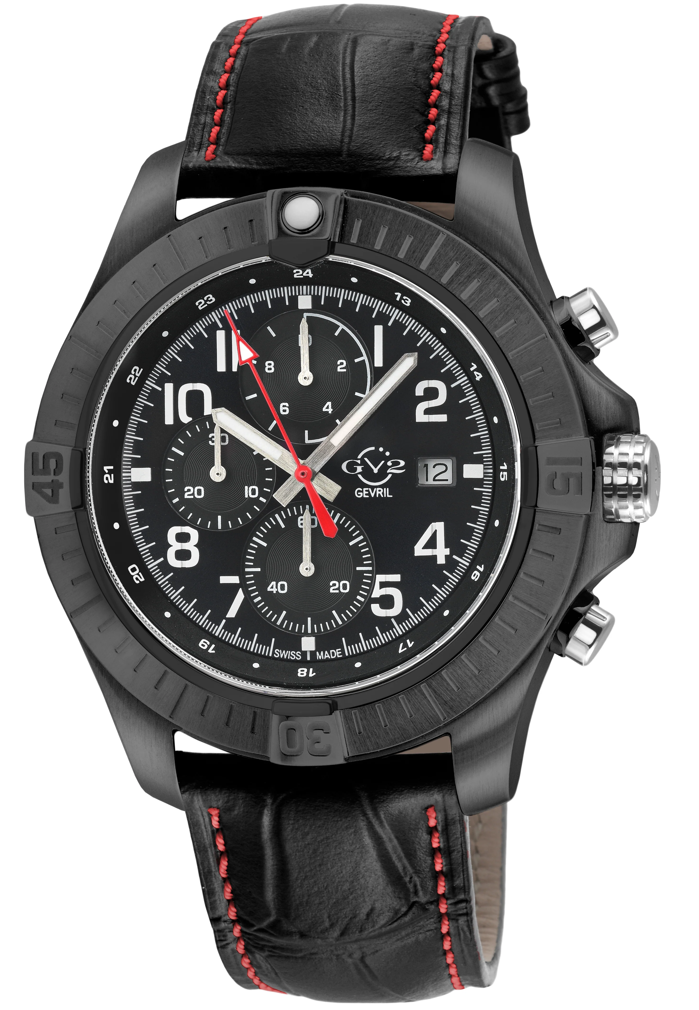T38 GV2 Swiss Quartz Chronograph, 316L IPBLK Case, Black Enamel Dial, Black Handmade Italian Leather Strap | Black Enamel Dial