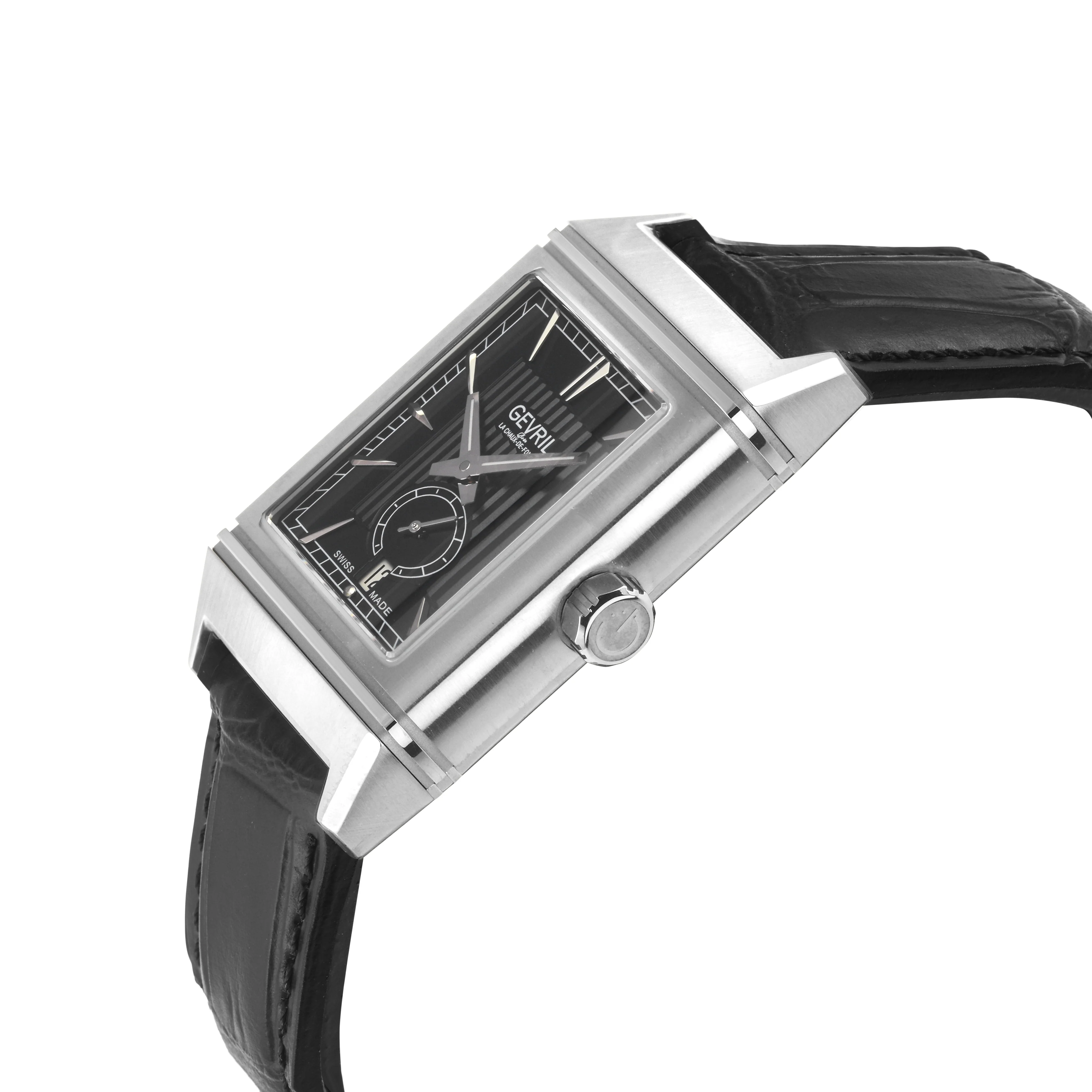 Time Square Gevril Men's Automatic Time Square,  Black Embossed dial, Black Handmade Italian Leather Strap Black Dial - Image 2