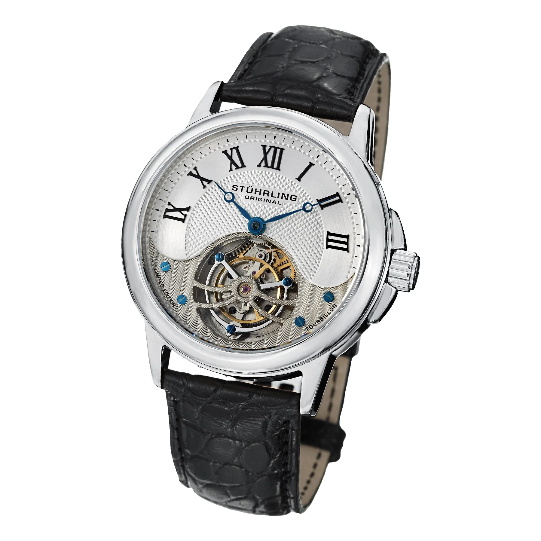 Tourbillon Silver case/Alligator strap/ Brass Dial | Silver Dial - Image 2