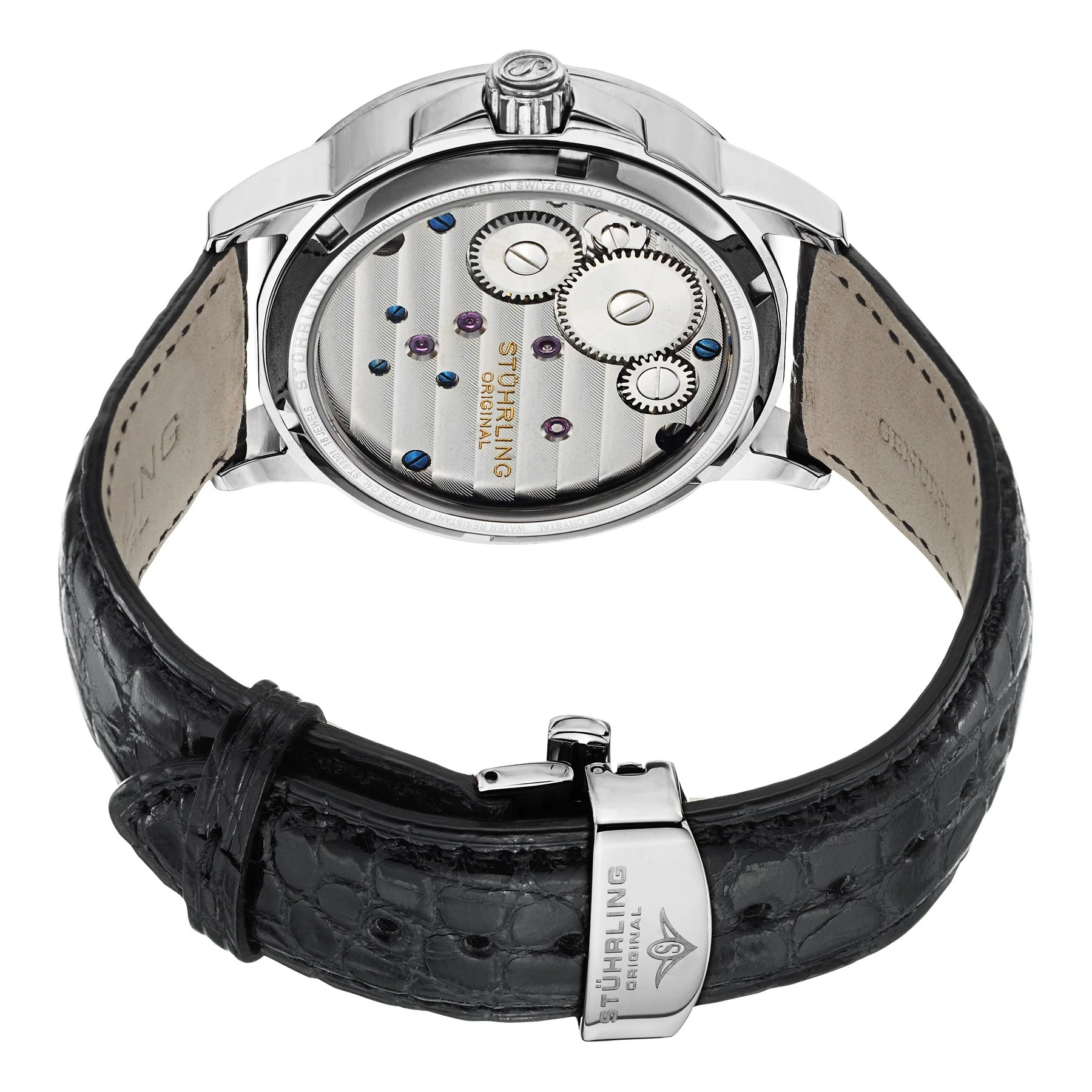 Tourbillon Silver case/Alligator strap/ Brass Dial | Silver Dial - Image 3