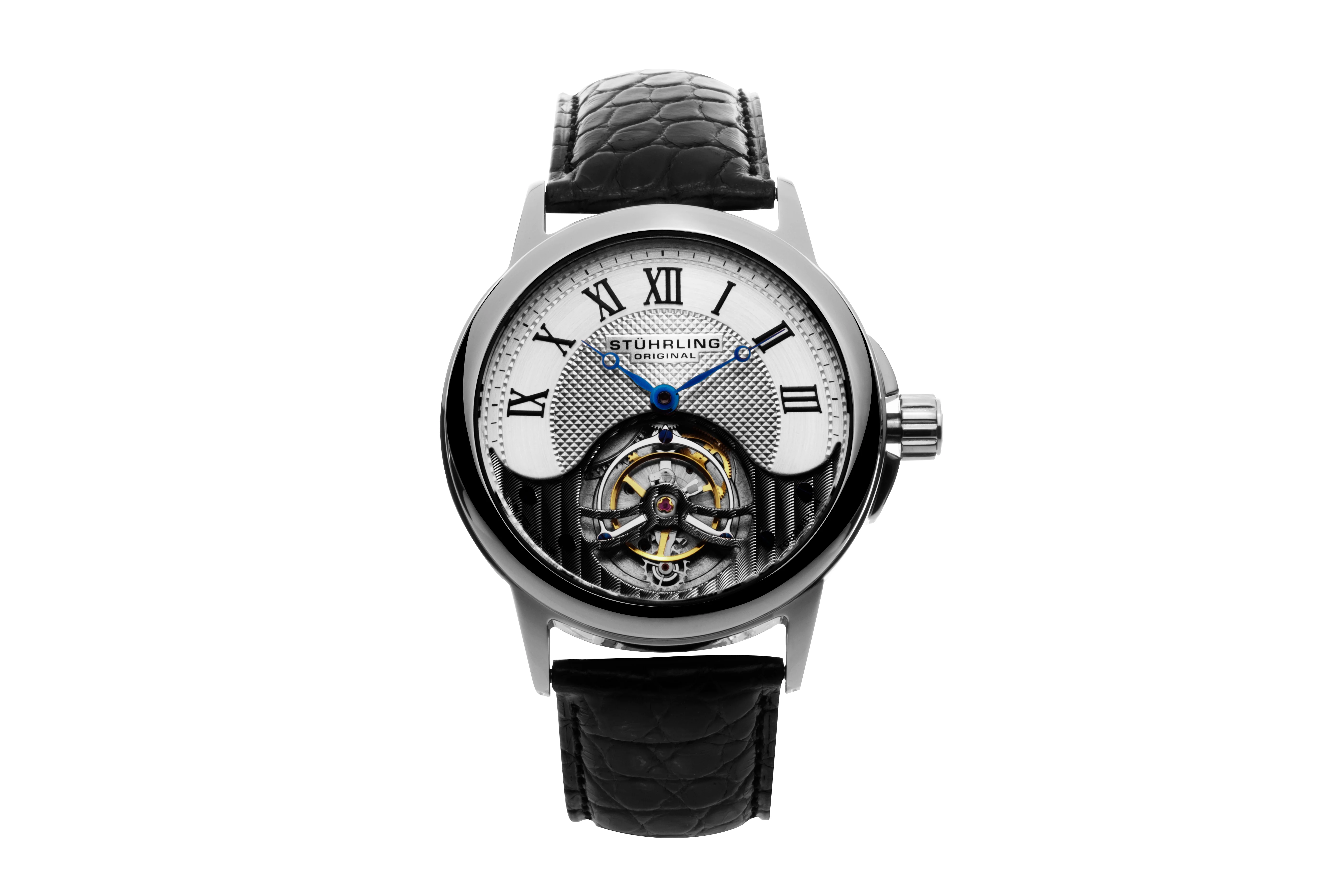 Tourbillon Silver case/Alligator strap/ Brass Dial | Silver Dial - Image 4