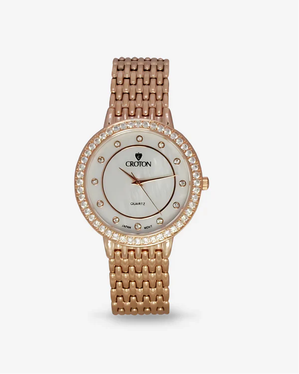 Unisex Rosetone Quartz Watch with Mother of Pearl Dial and Crystal Bezel | Dial