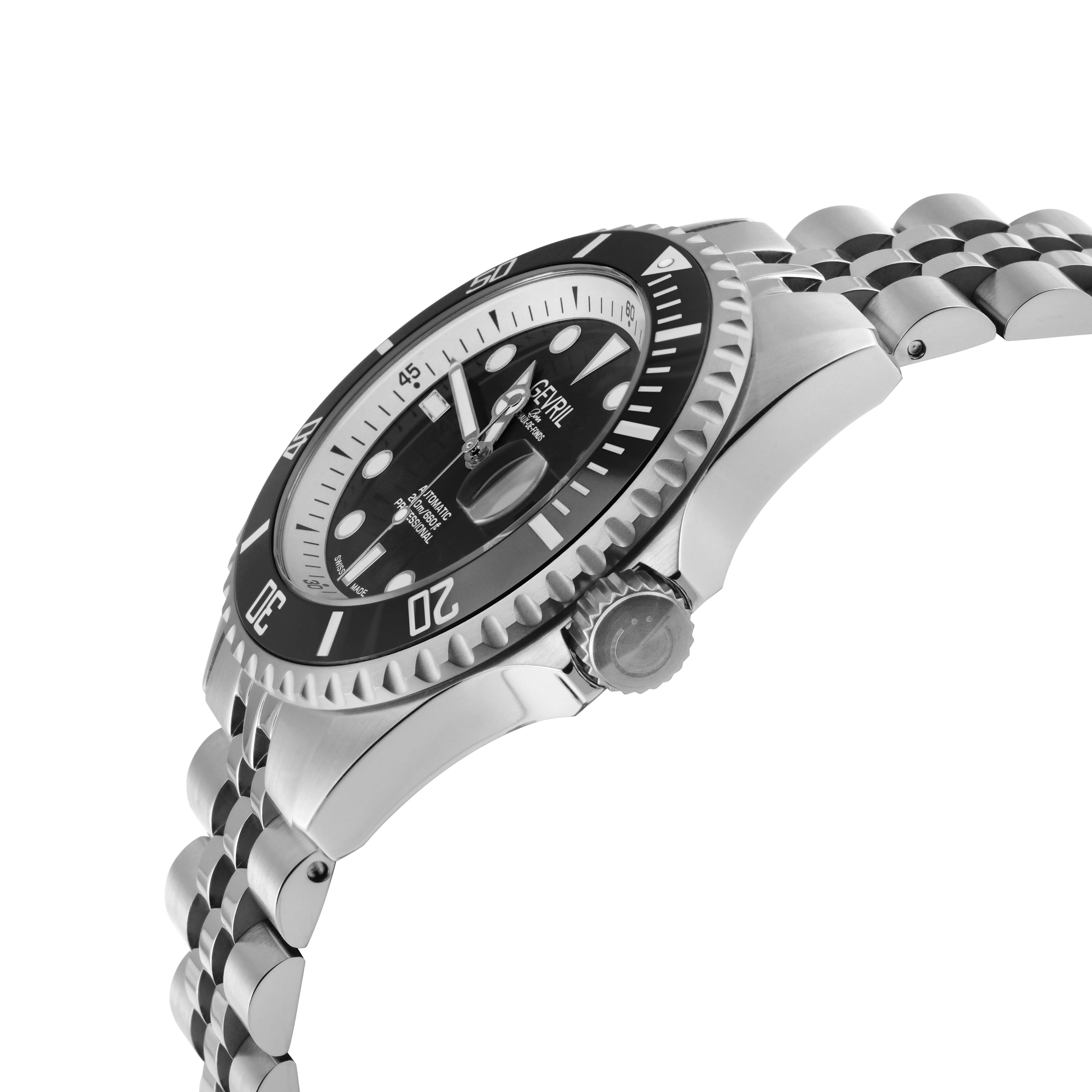 Wall Street Gevril Swiss Made SW200-1 Steel Rotating Black Ceramic Bezel , 316L case, Black Dial Black Dial - Image 2