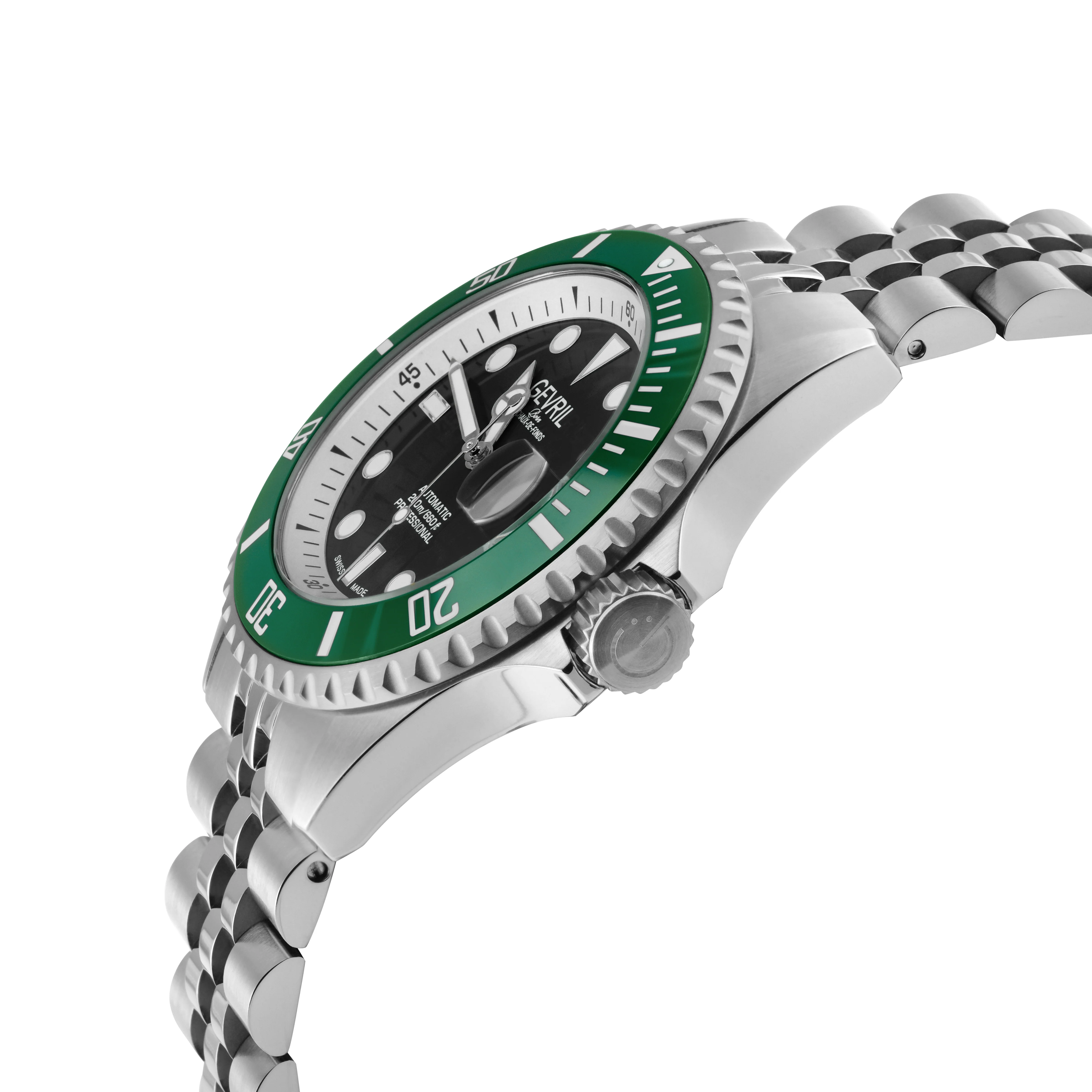 Wall Street Gevril Swiss Made SW200-1 Steel Rotating Green Ceramic Bezel , 316L case, Black Dial | Black Dial - Image 2