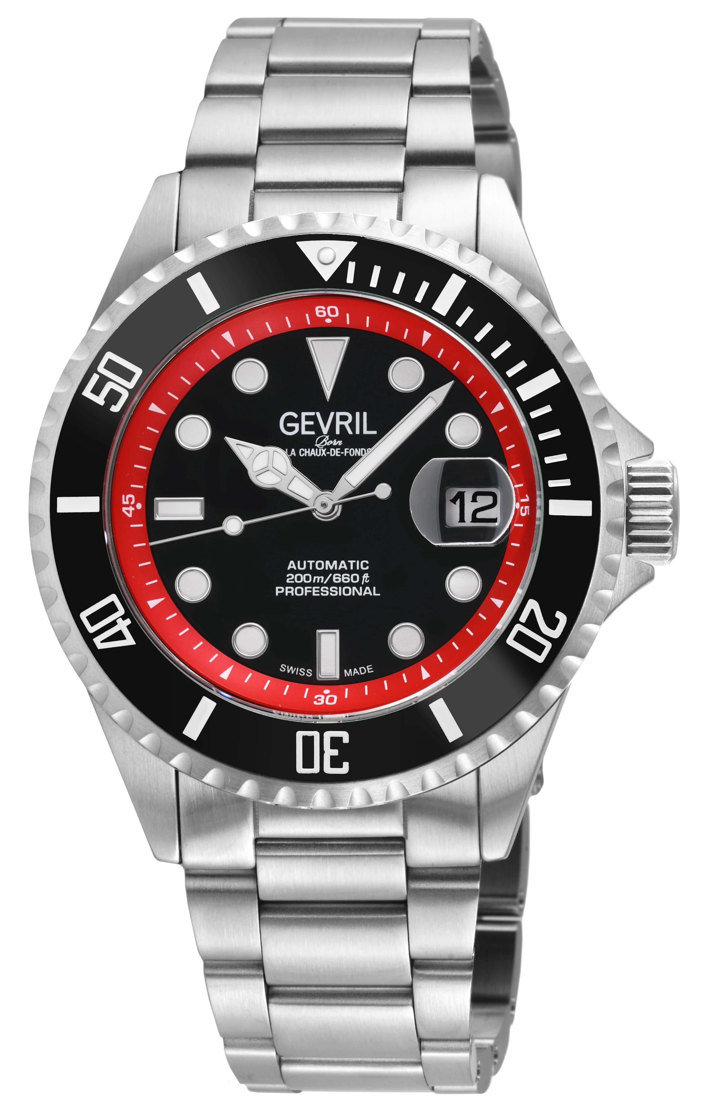 Wall Street Gevril Swiss Made SW200-1 Steel Rotating Black Ceramic Bezel , 316L case, Black Dial Black Dial