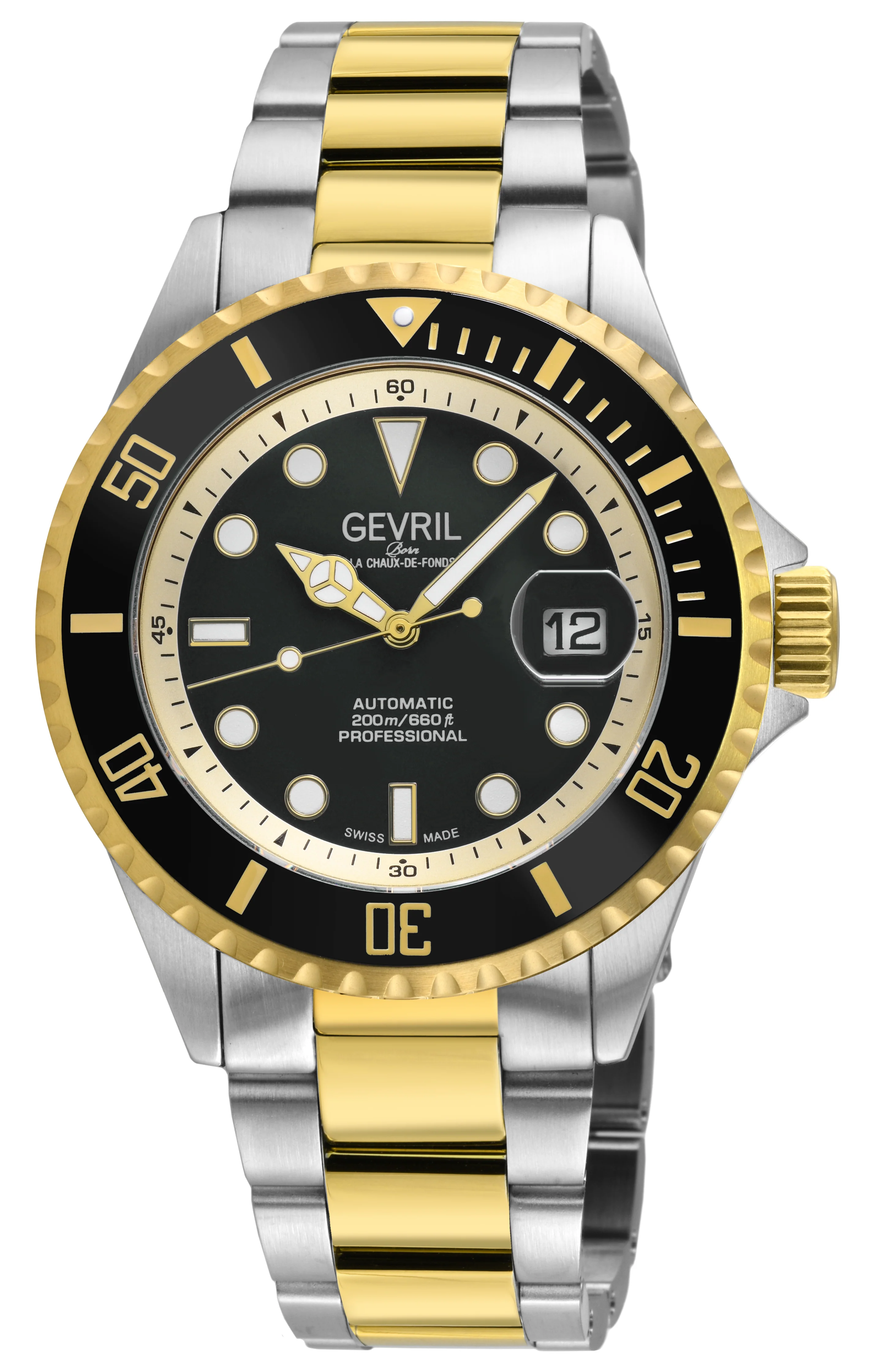 Wall Street Gevril Swiss Made SW200-1 Steel Rotating Black Ceramic Bezel , 316L case, Black Dial Black Dial