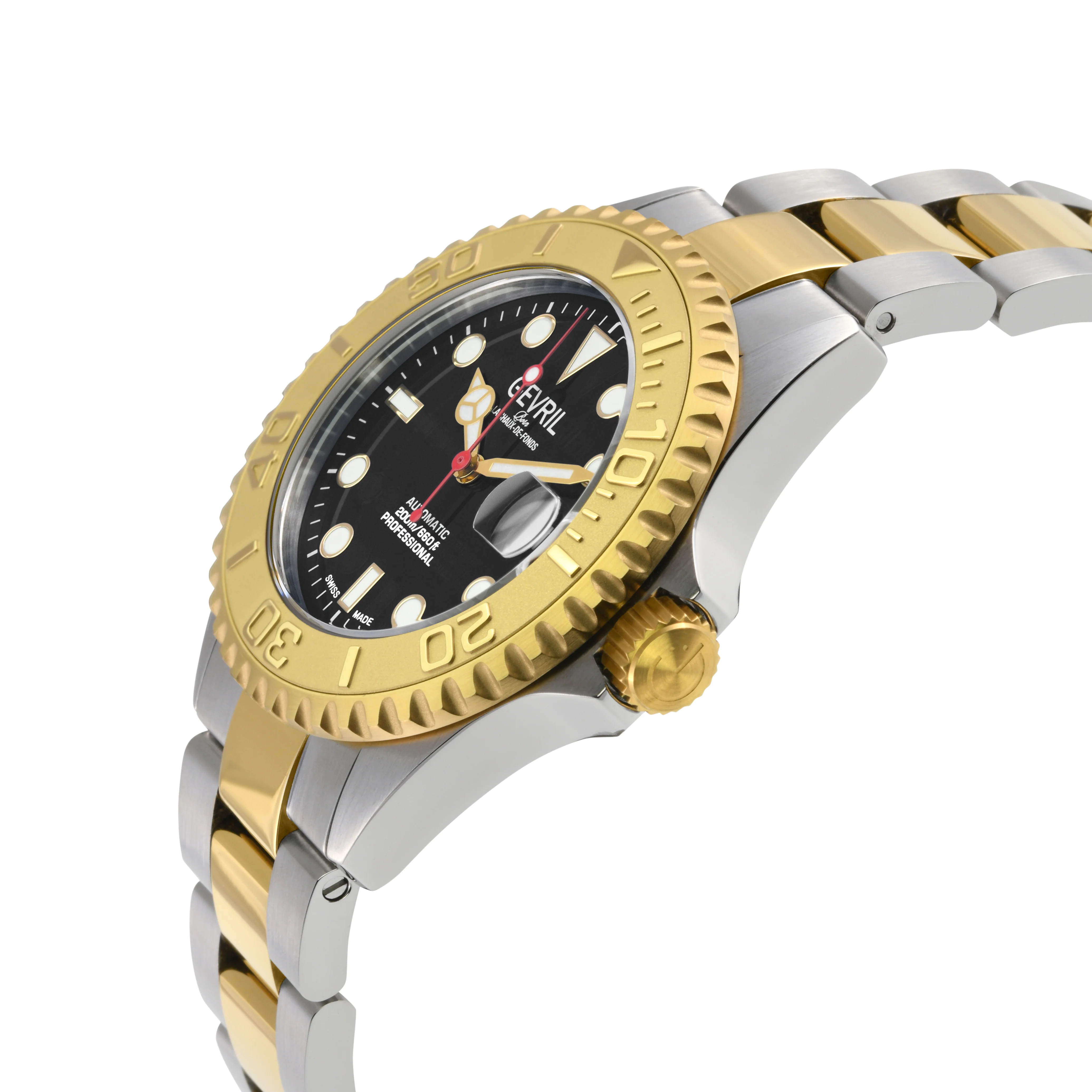 Wall Street Gevril Swiss Made SW200 Steel Rotating Bezel Diver's watch, Two toned Gold bezel, Black dial | Black Dial - Image 2