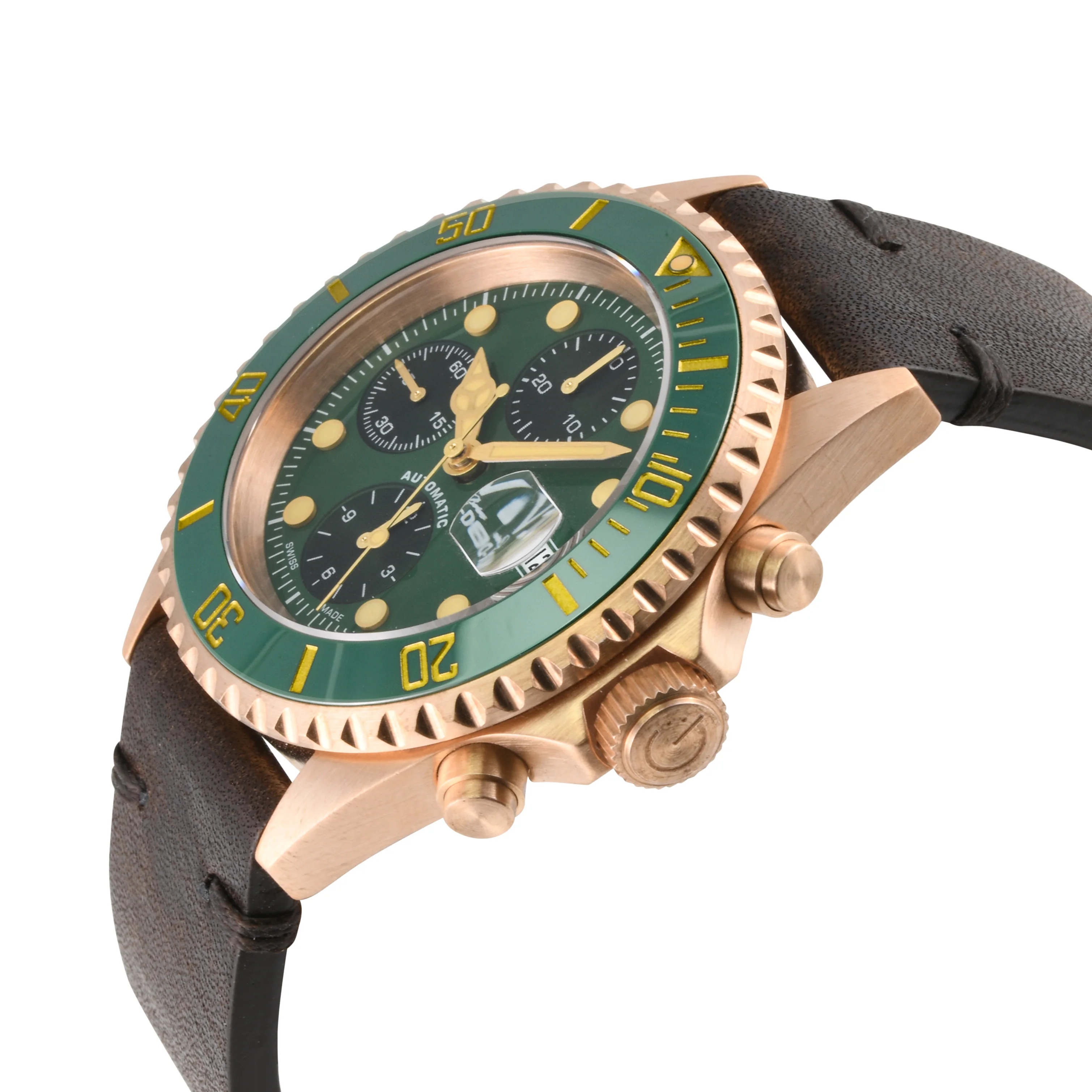 Wall Street - Bronze Gevril Swiss Automatic, Bronze case, Unidirectional Rotating Blue Ceramic Bezel, Midnight Blue Dial | Green Dial - Image 2