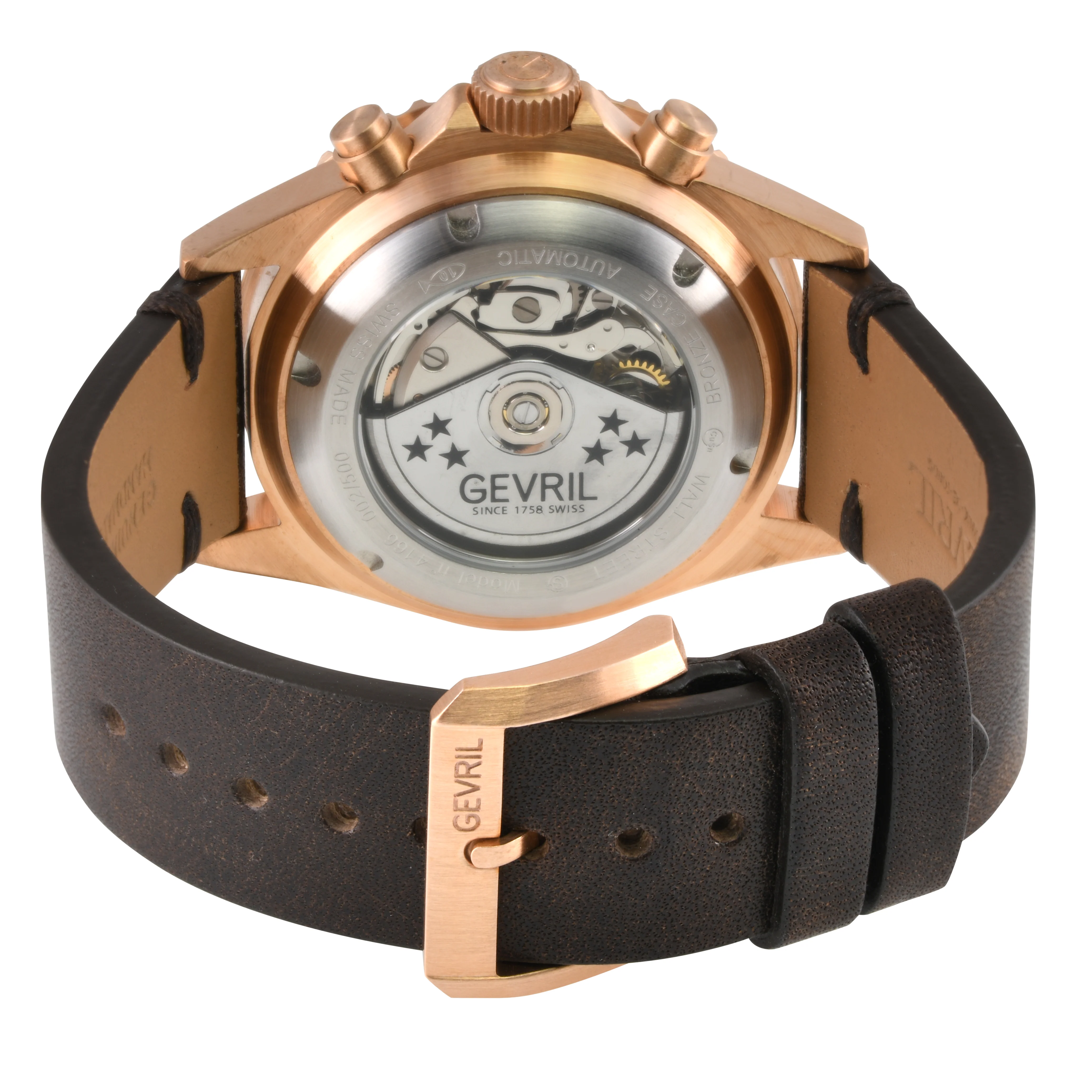 Wall Street - Bronze Gevril Swiss Automatic, Bronze case, Unidirectional Rotating Blue Ceramic Bezel, Midnight Blue Dial | Green Dial - Image 3