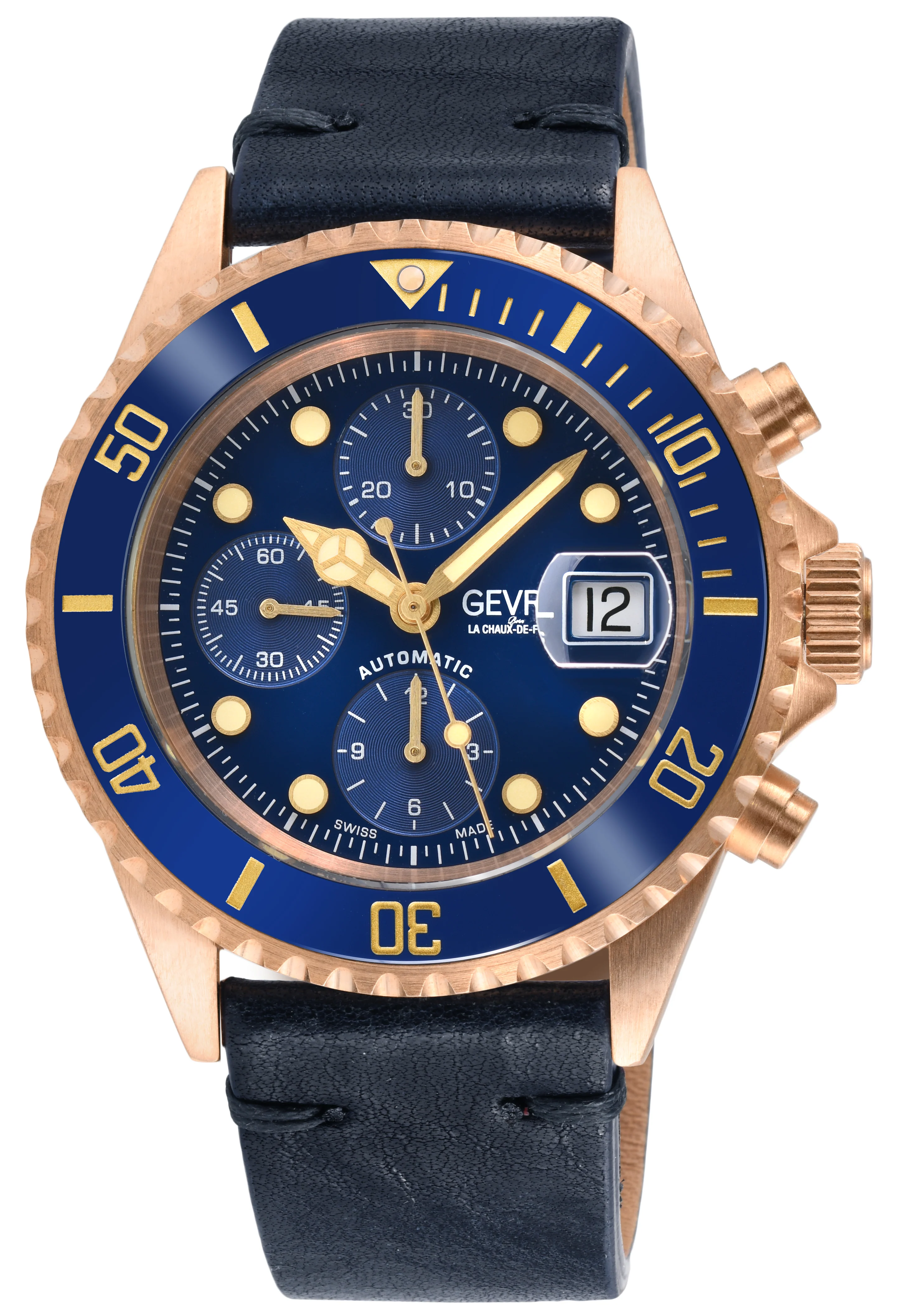 Wall Street - Bronze Gevril Swiss Automatic, Bronze case, Unidirectional Rotating Blue Ceramic Bezel, Midnight Blue Dial | Blue Dial
