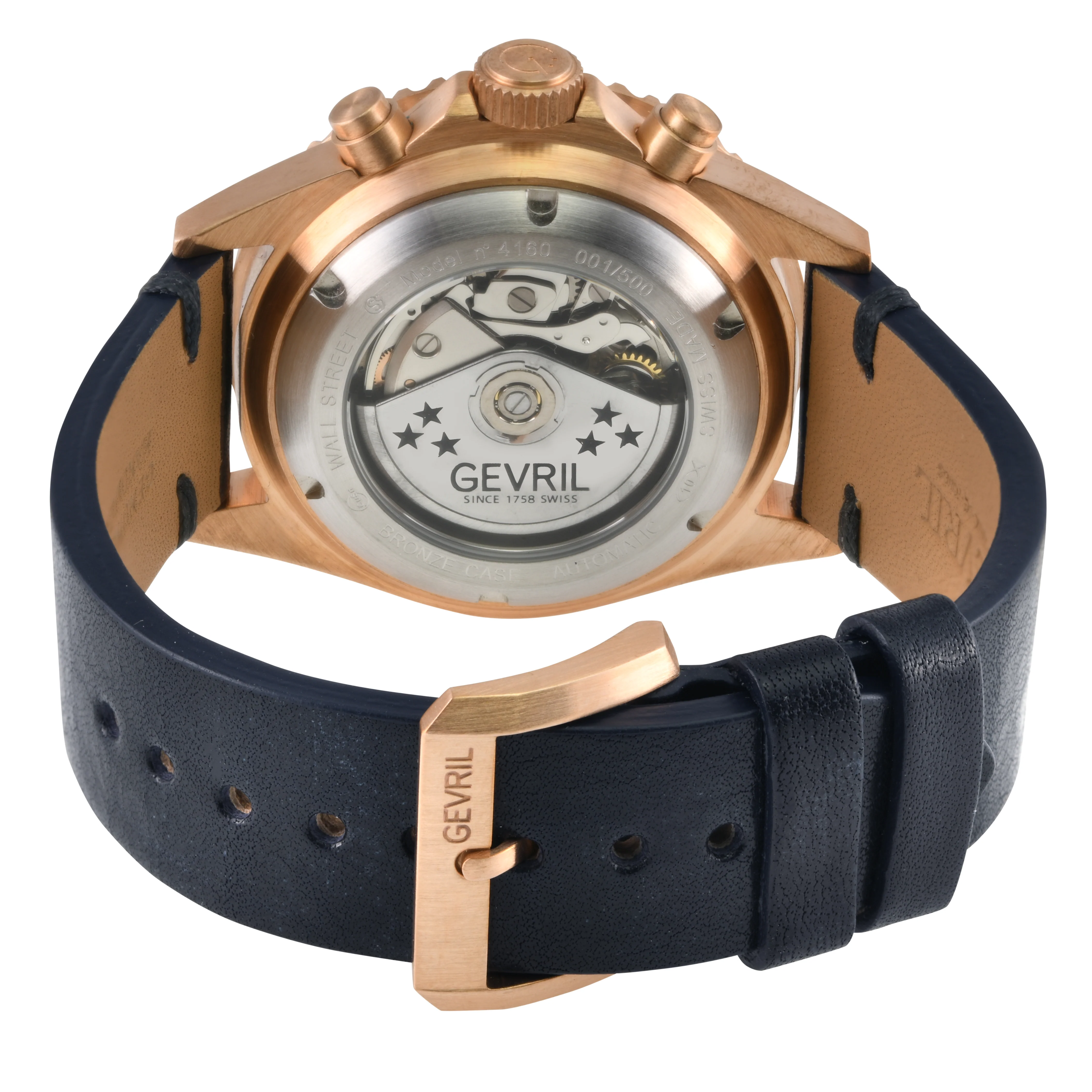 Wall Street - Bronze Gevril Swiss Automatic, Bronze case, Unidirectional Rotating Blue Ceramic Bezel, Midnight Blue Dial | Blue Dial - Image 3